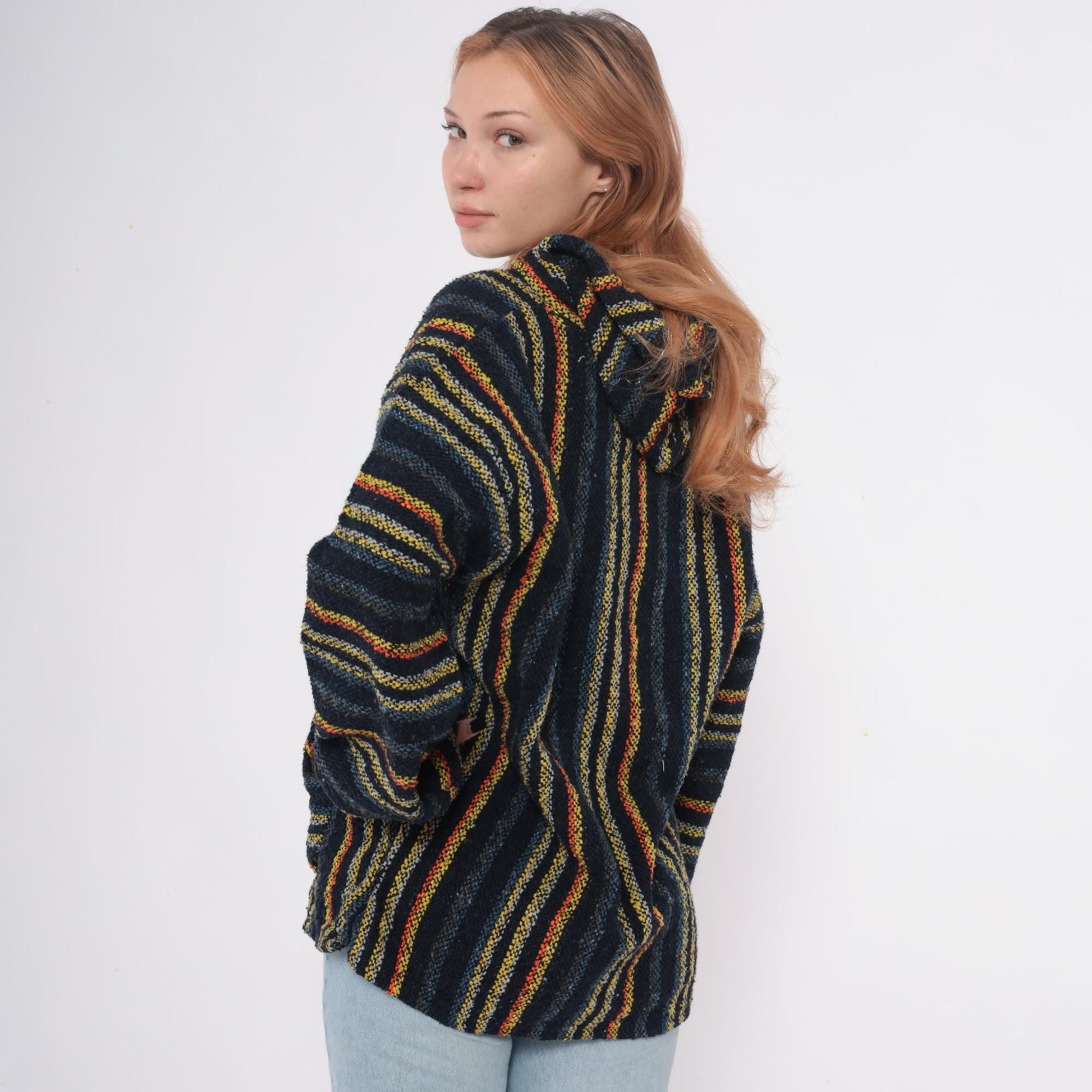 90s Iguana Jack Baja Hoodie Black Striped Woven Kangaroo Pocket Extra Large XL
