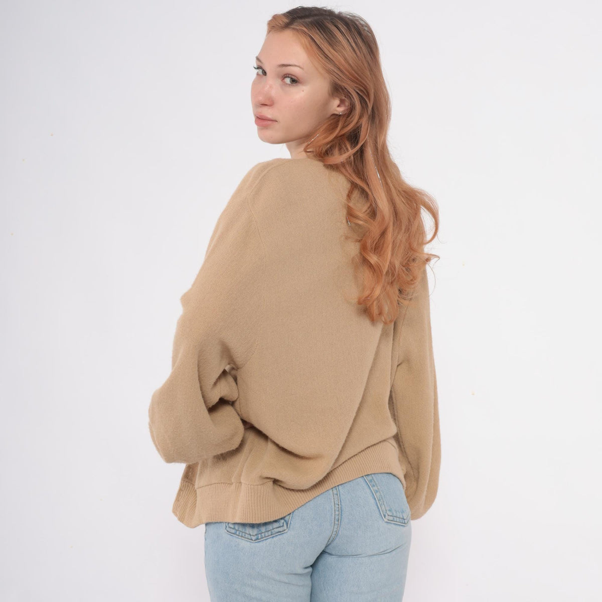 80s Robert Bruce Camel Cardigan V-Neck Button Front Tan Ribbed Large L