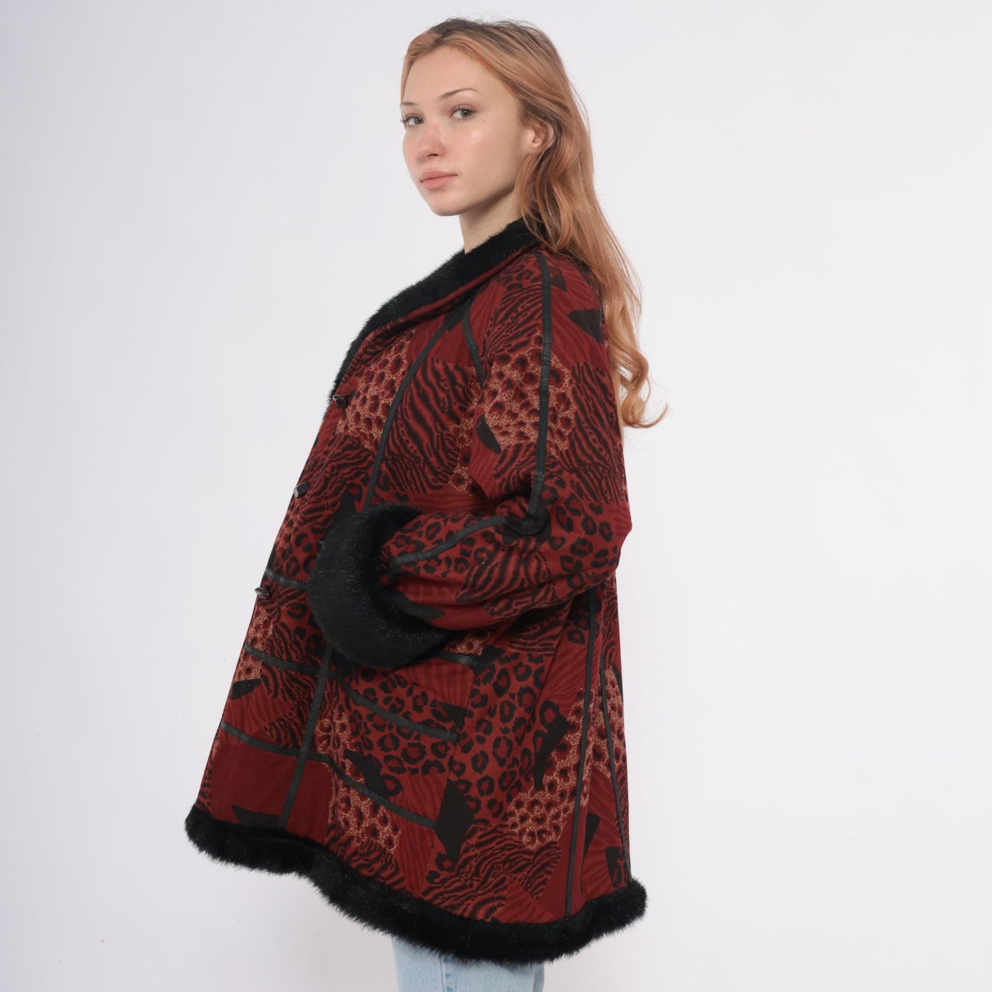 70s Burgundy Patchwork Coat Animal Print Faux Fur Collar Large L