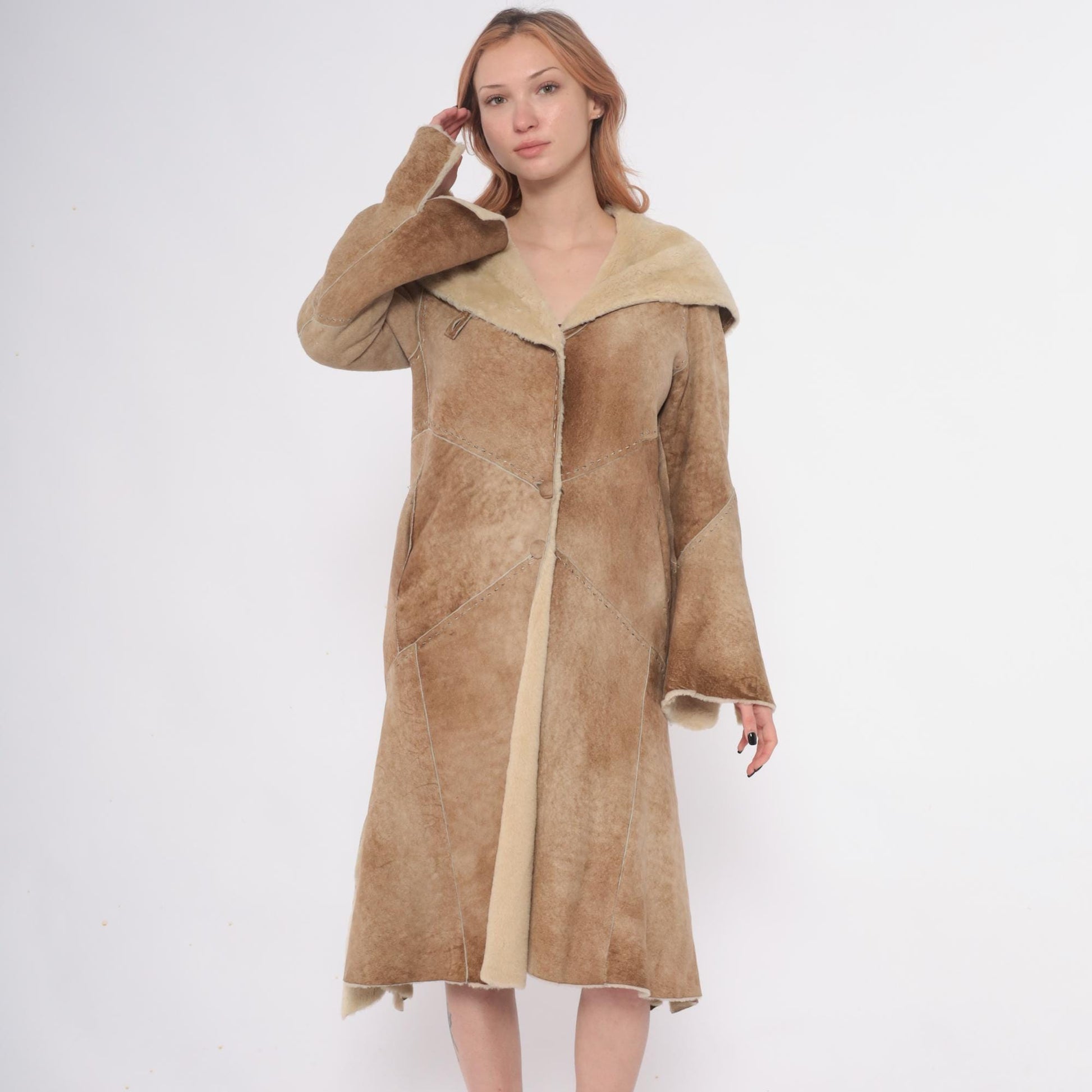 90s Denimaxx Couture Suede Hooded Coat Tan Shearling Trim Small