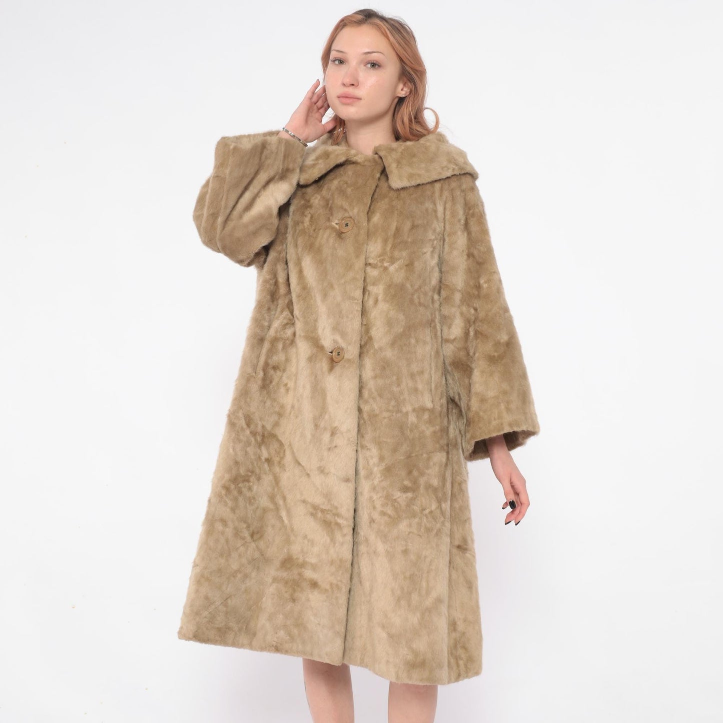 60s Sutton Place Faux Fur Coat Beige Shawl Collar A-Line Large L