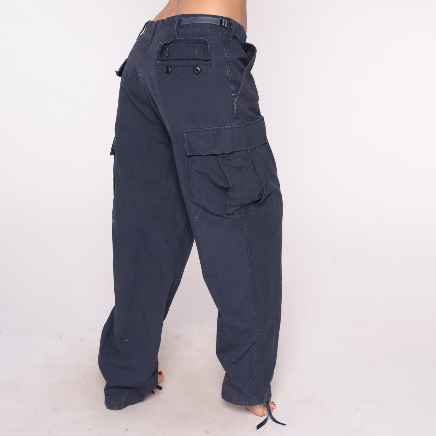 Y2K Navy Cargo Pants Straight Leg Drawstring Utility Pockets Medium