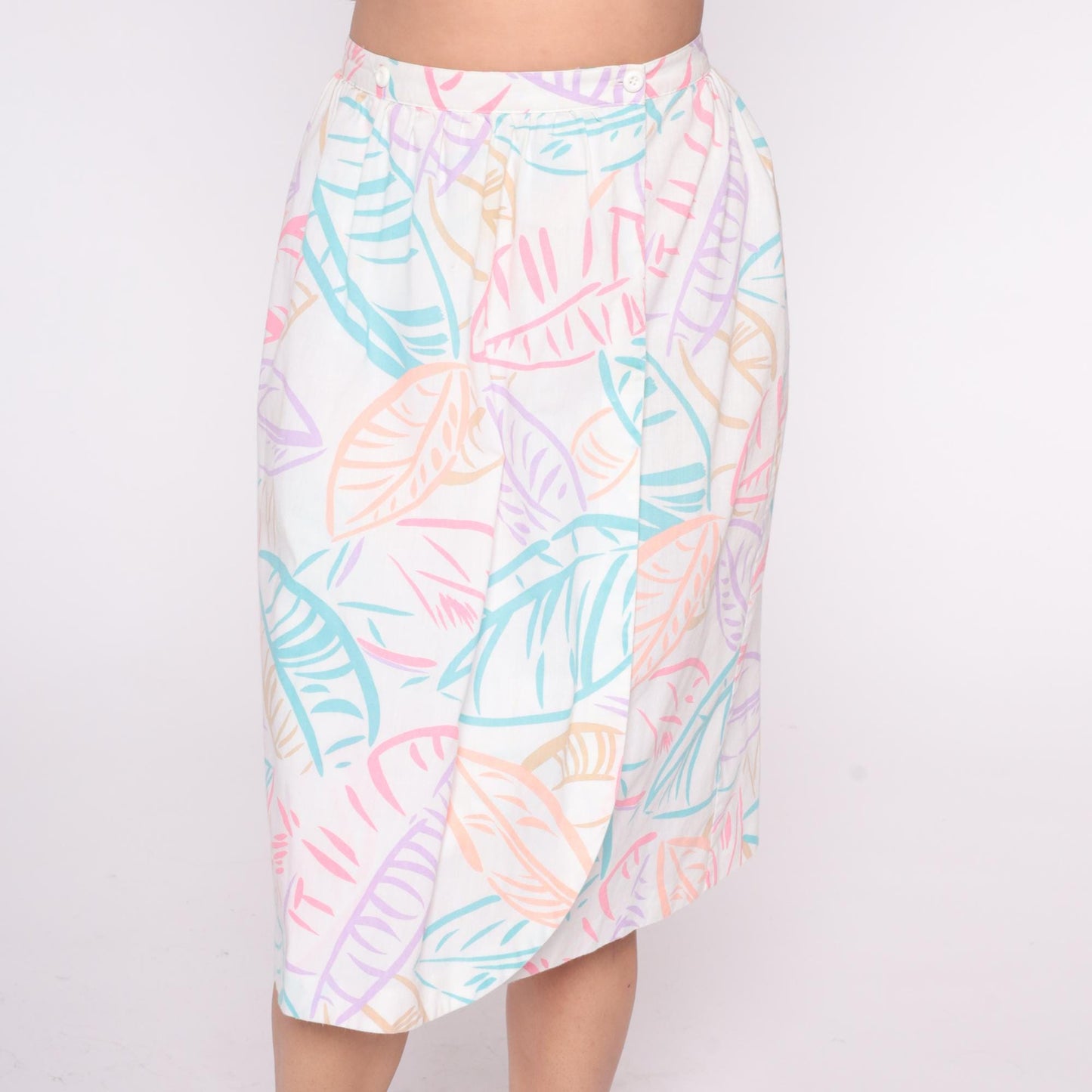 80s Salem Tropical Leaf Print A-Line Skirt White Pastel High Waist Large