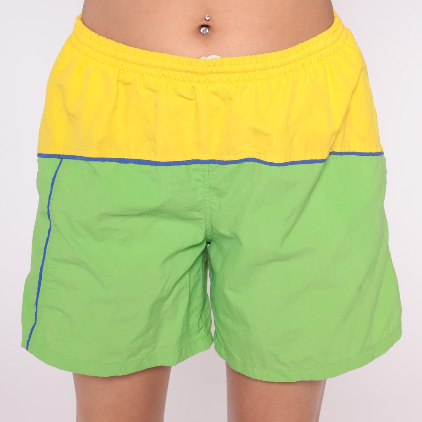 80s Colorblock Athletic Shorts Neon Yellow Lime Green Blue Piping Medium