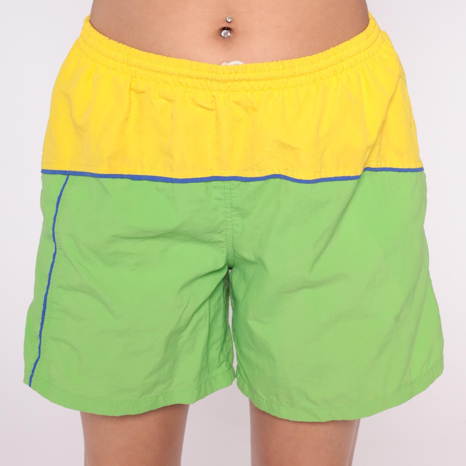 80s Colorblock Athletic Shorts Neon Yellow Lime Green Blue Piping Medium