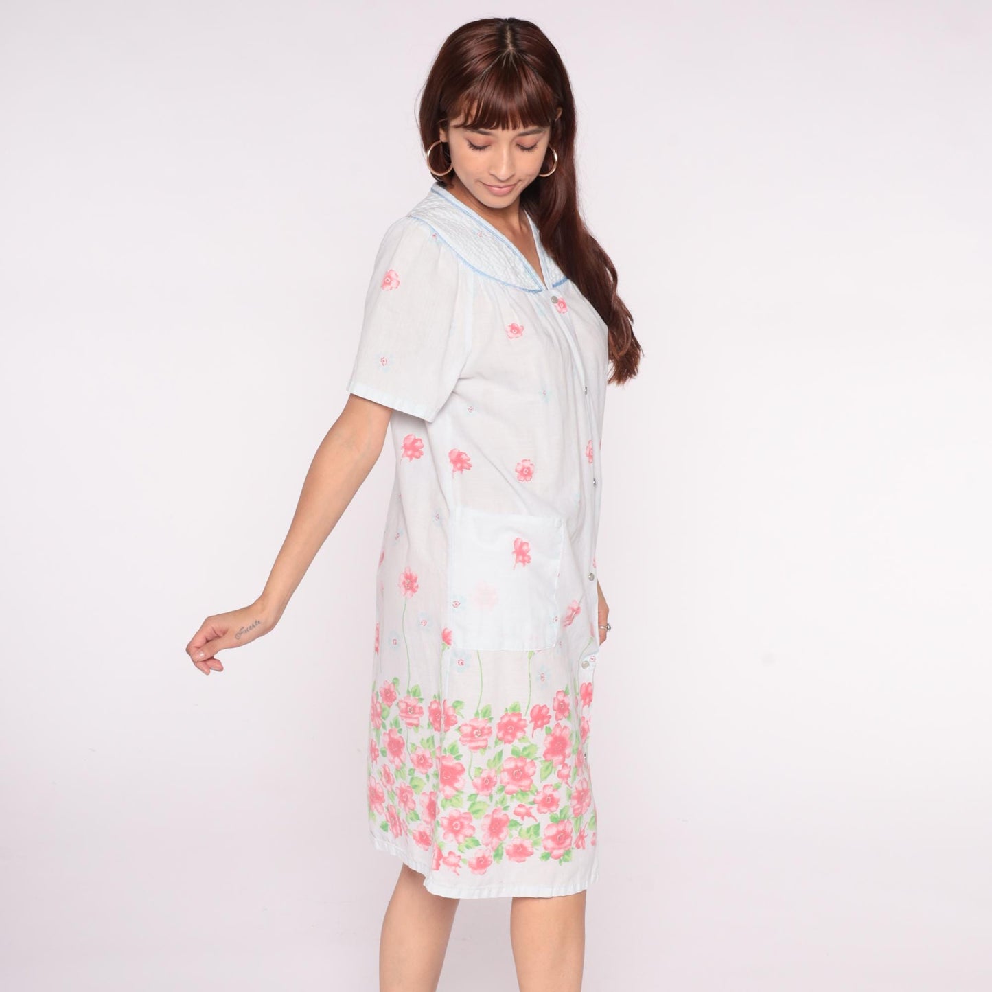 90s Emily Stacy Floral Nightgown White Pink Border Cotton Small