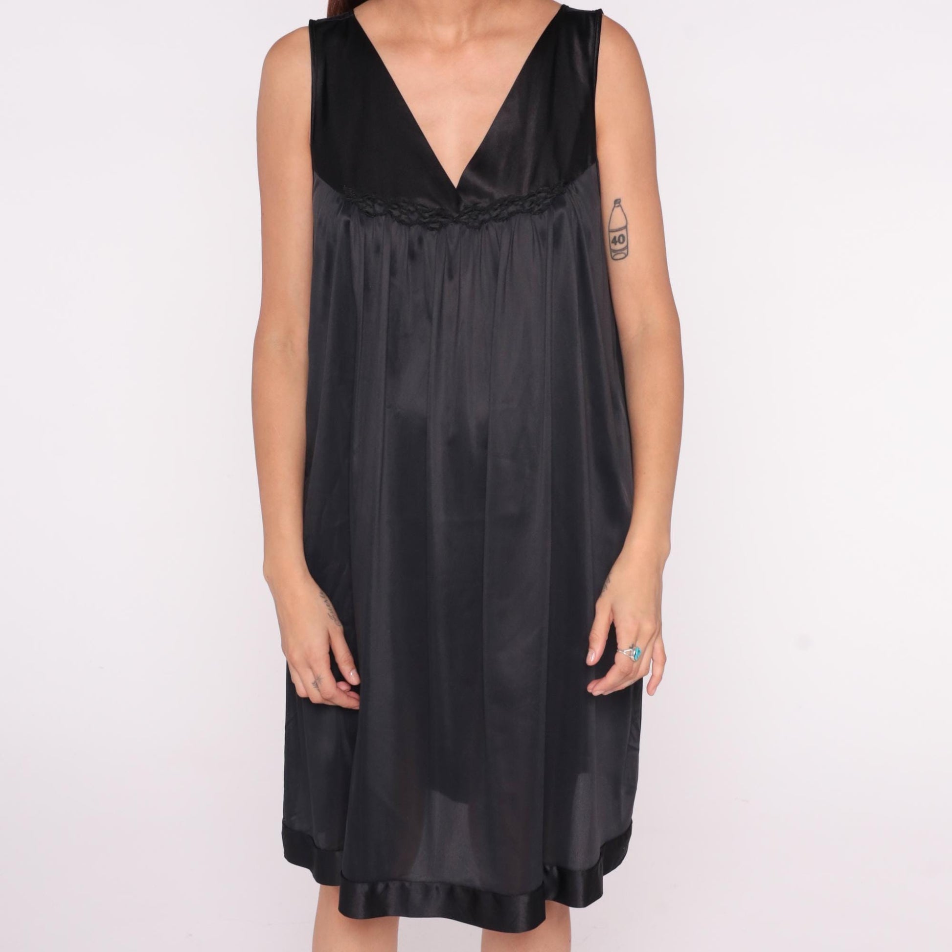 90s Vanity Fair Black Slip Dress Empire Waist V-Neck Satin Trim Plus Size 1X