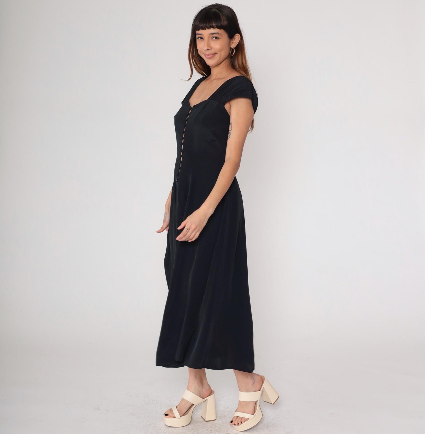 80s Black Maxi Dress Button Front Cap Sleeve Square Cutout Medium