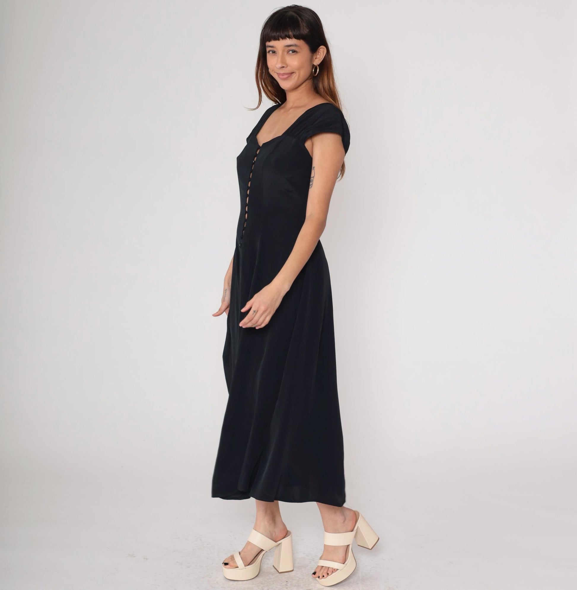 80s Black Maxi Dress Button Front Cap Sleeve Square Cutout Medium