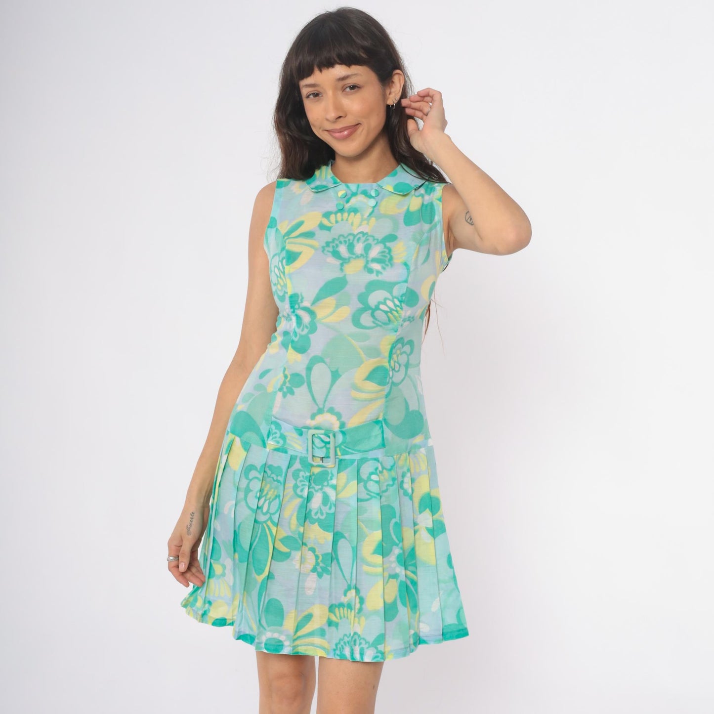 60s Mod Floral Drop Waist Dress Turquoise Peter Pan Collar Pleated Small