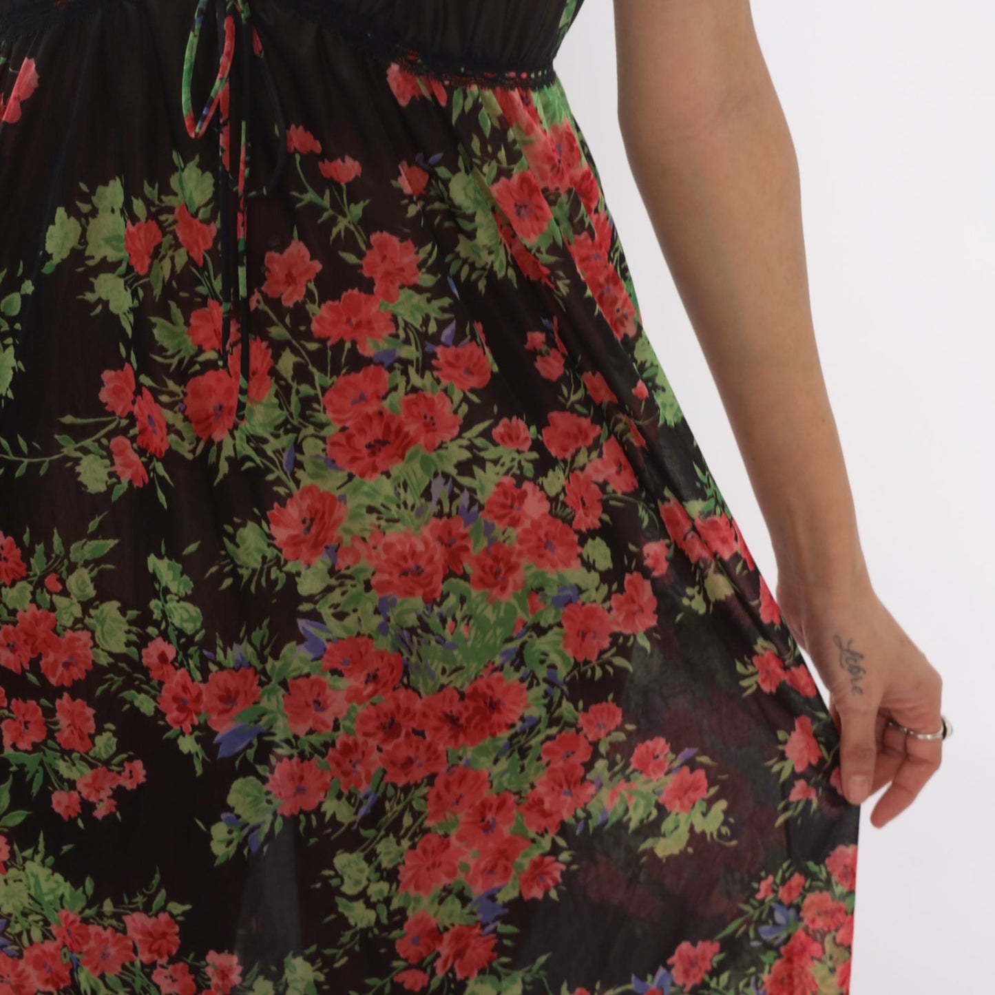 70s Black Floral Maxi Slip Dress Empire Waist V-Neck Spaghetti Strap Small