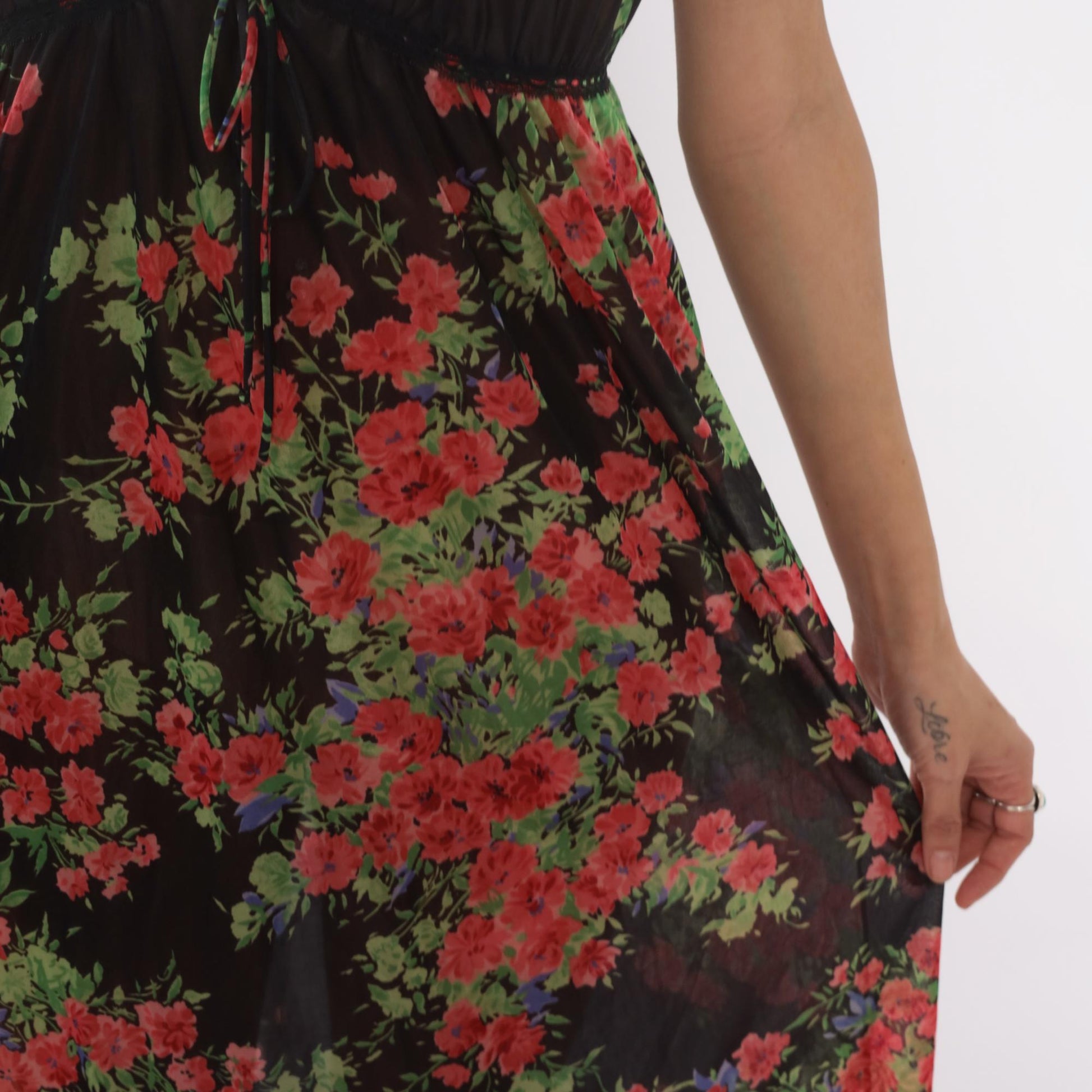 70s Black Floral Maxi Slip Dress Empire Waist V-Neck Spaghetti Strap Small