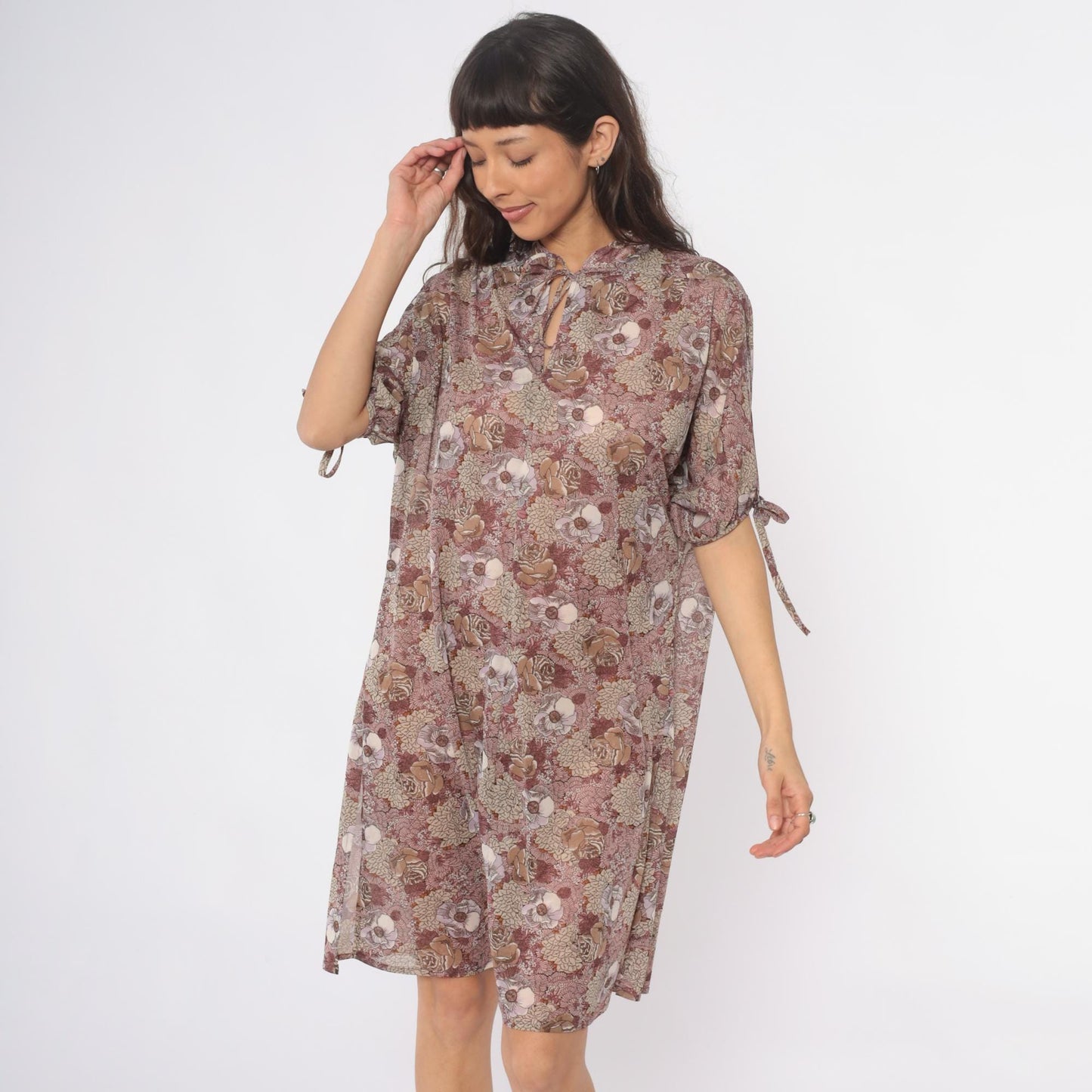 70s Trolley Car Floral Shift Dress Dusty Rose Tie Neck Knee Length Large L