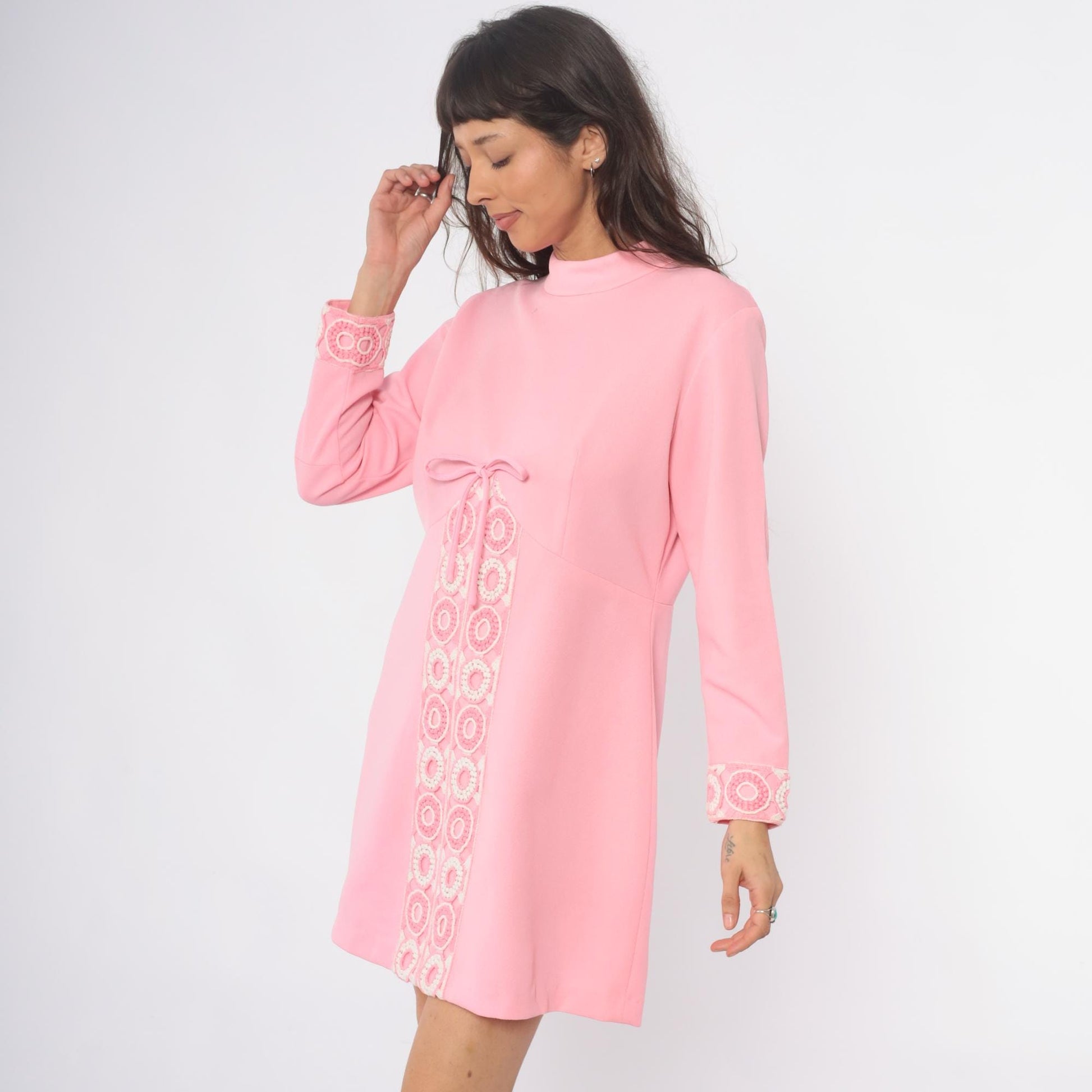 70s Pink Mini Shift Dress Long Sleeve Embroidered Mock Neck Large L