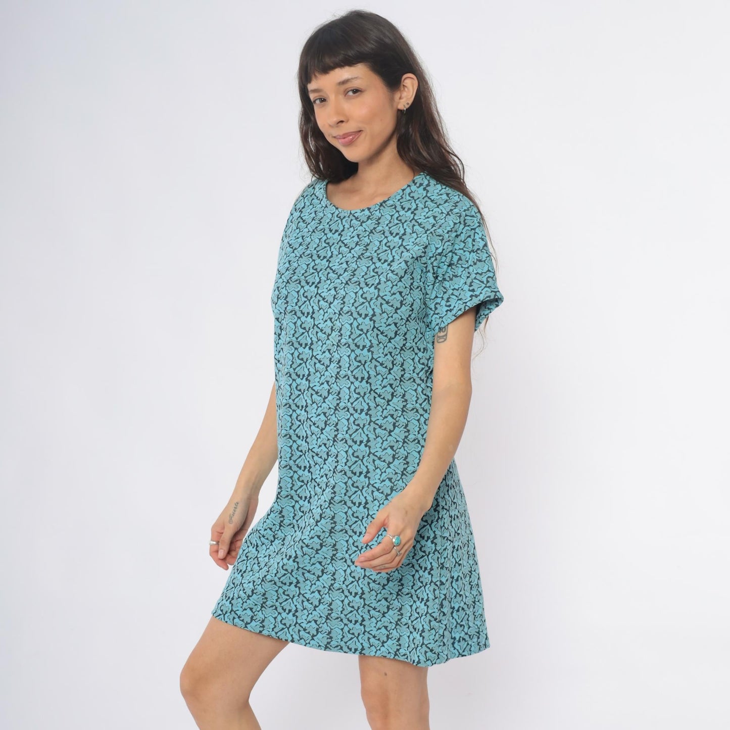 1960s Turquoise Shift Dress Black Floral Damask Print Mini Short Sleeve Large L