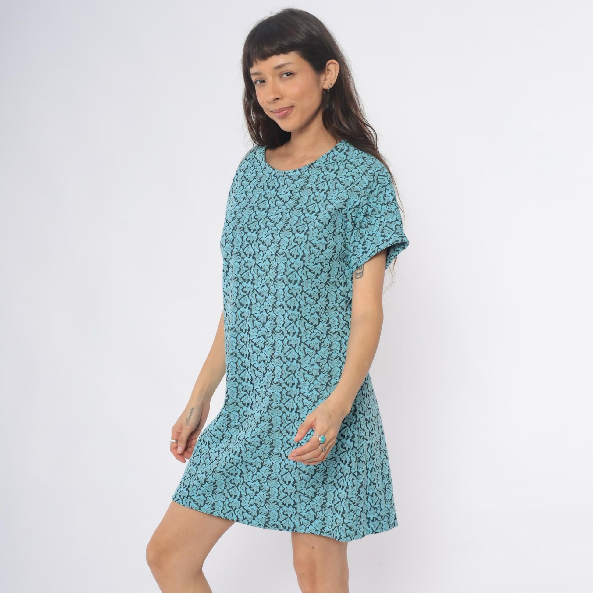 1960s Turquoise Shift Dress Black Floral Damask Print Mini Short Sleeve Large L