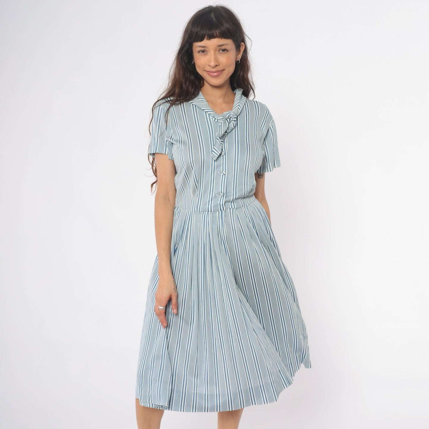 60s Nancy Greer Striped Midi Dress Blue White Mod Button Front Medium