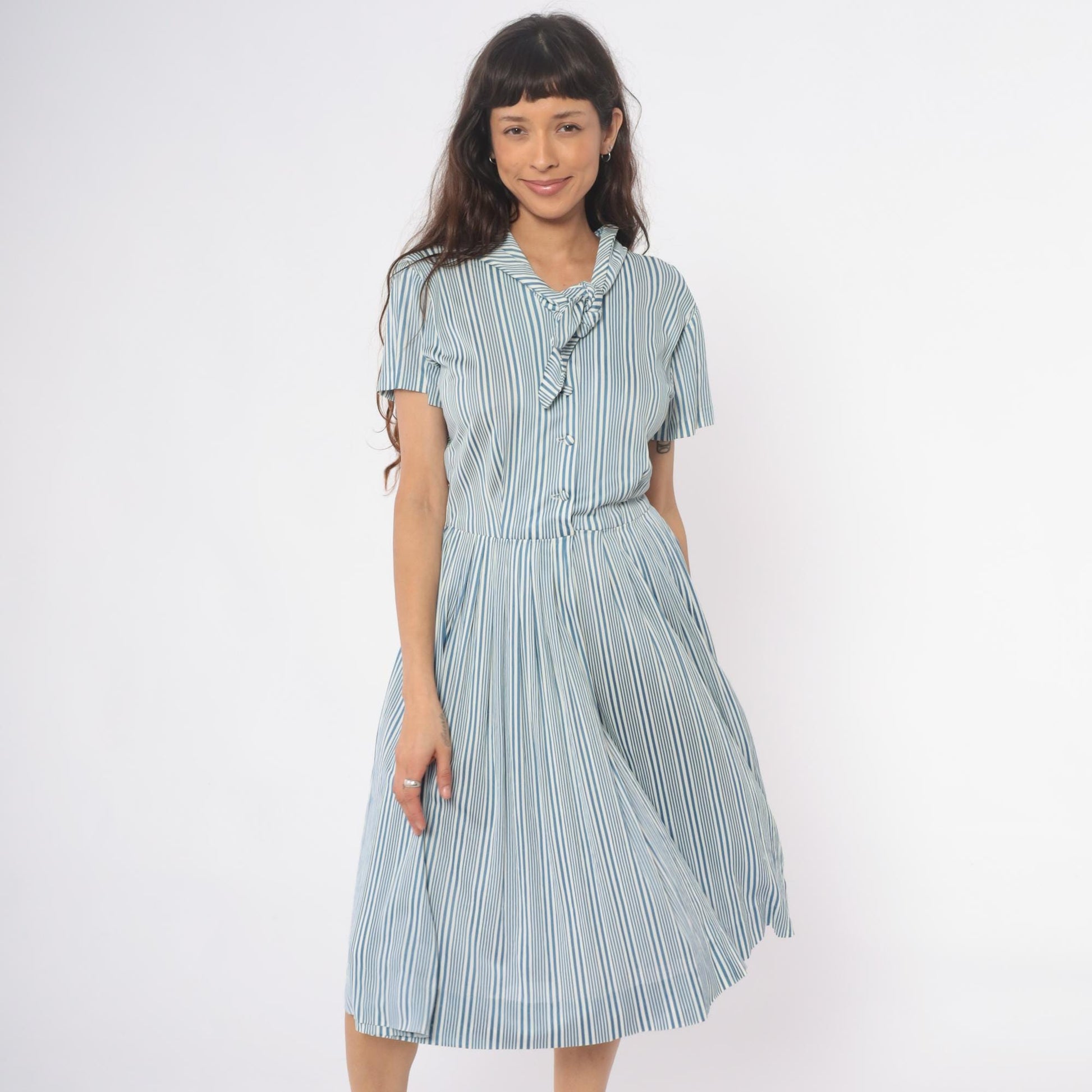 60s Nancy Greer Striped Midi Dress Blue White Mod Button Front Medium