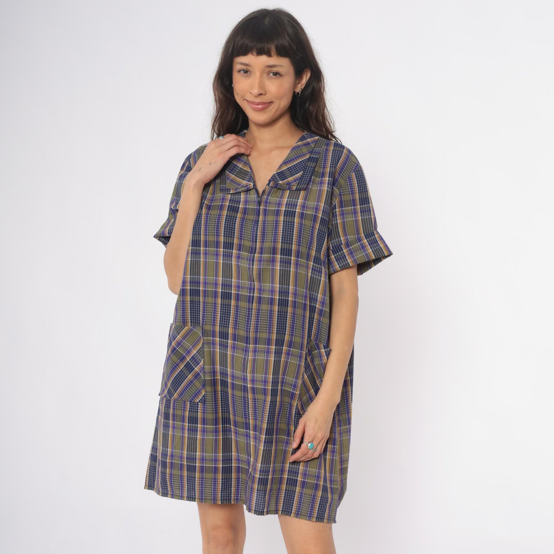 80s Zip N Dash Plaid Shift Dress Collared Pockets Navy Olive Extra Large