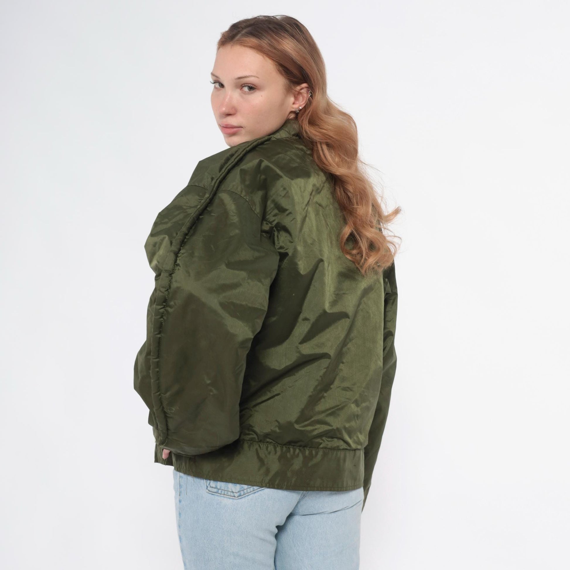 60s US Navy A1 Bomber Jacket Olive Green Quilted Lined Medium