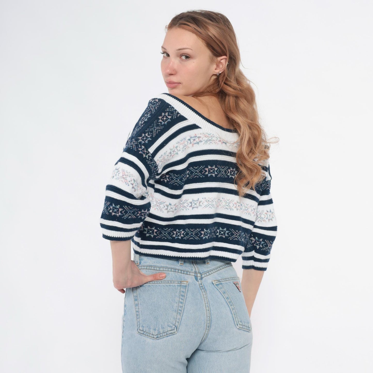 90s Navy Floral Striped V-Neck Knit Sweater Cotton Blend Medium M