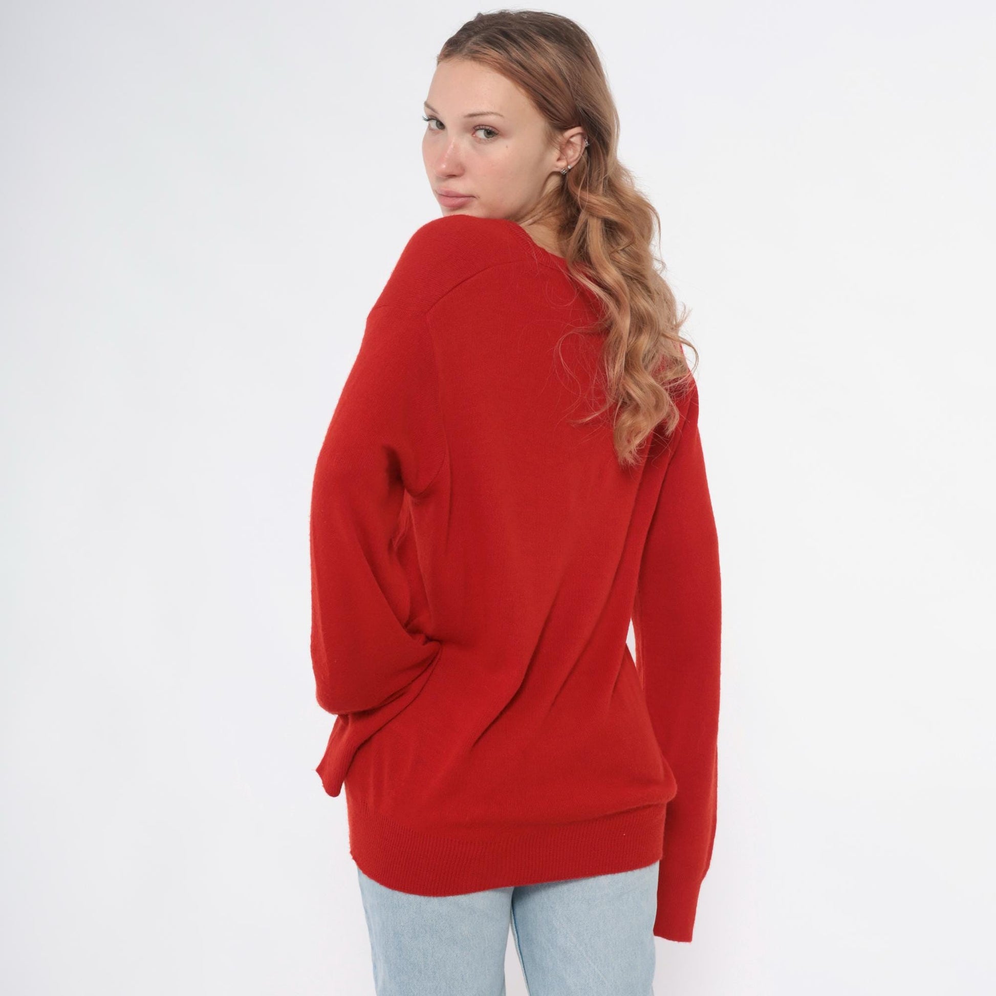 90s Puritan Red V-Neck Sweater Ribbed Knit Pullover Large L