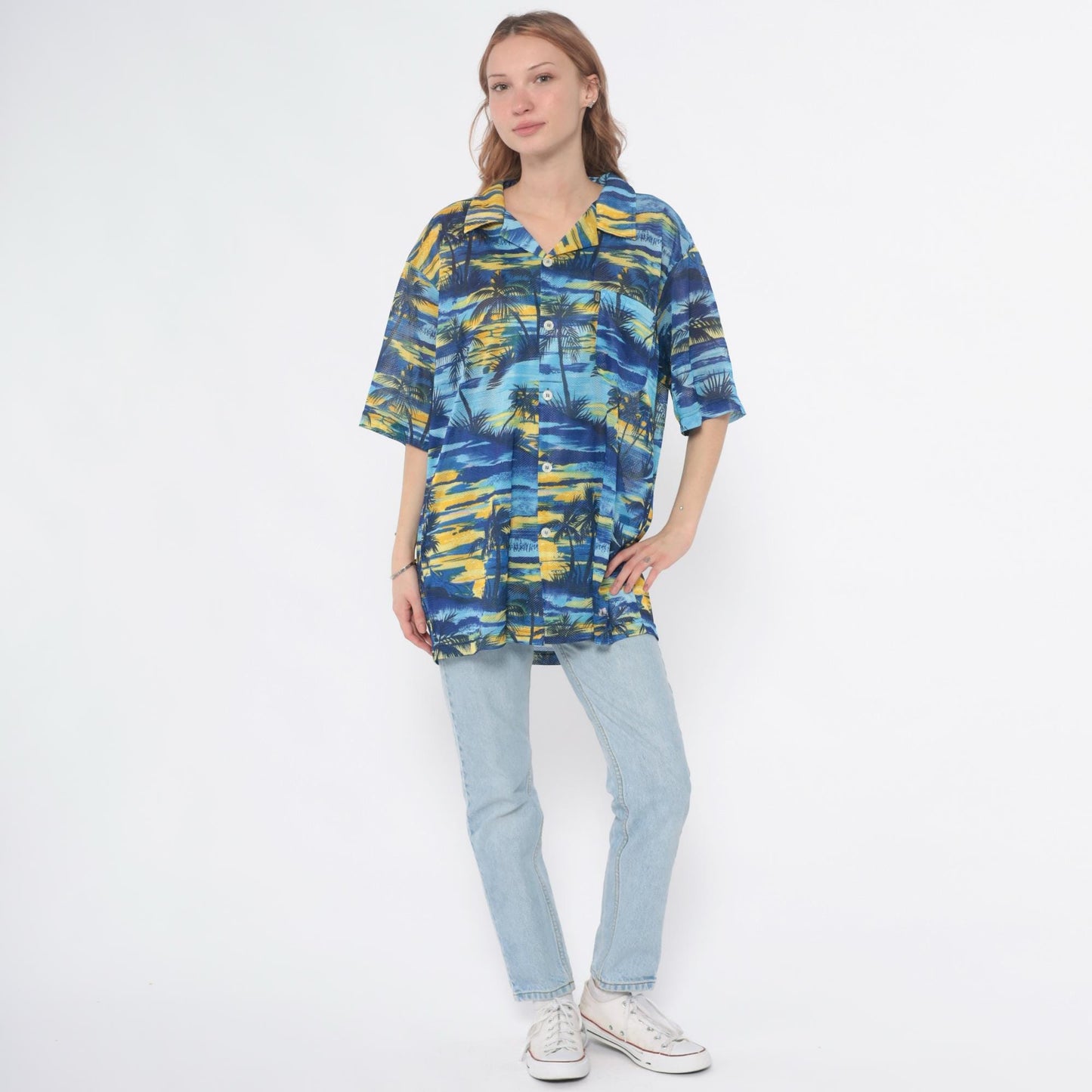 Y2K Pineapple Connection Hawaiian Shirt Blue Yellow Palm Tree Print Large L