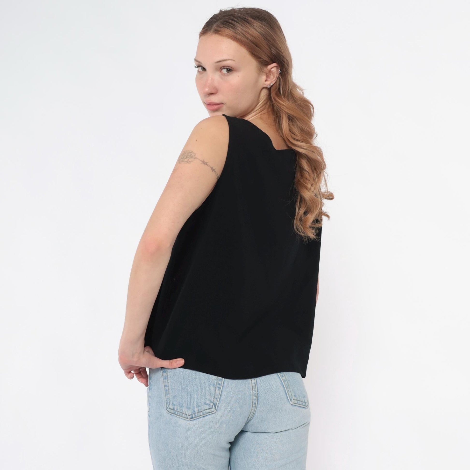 90s Peter Popovitch Black Tank Top Gold Floral Embroidery Large L