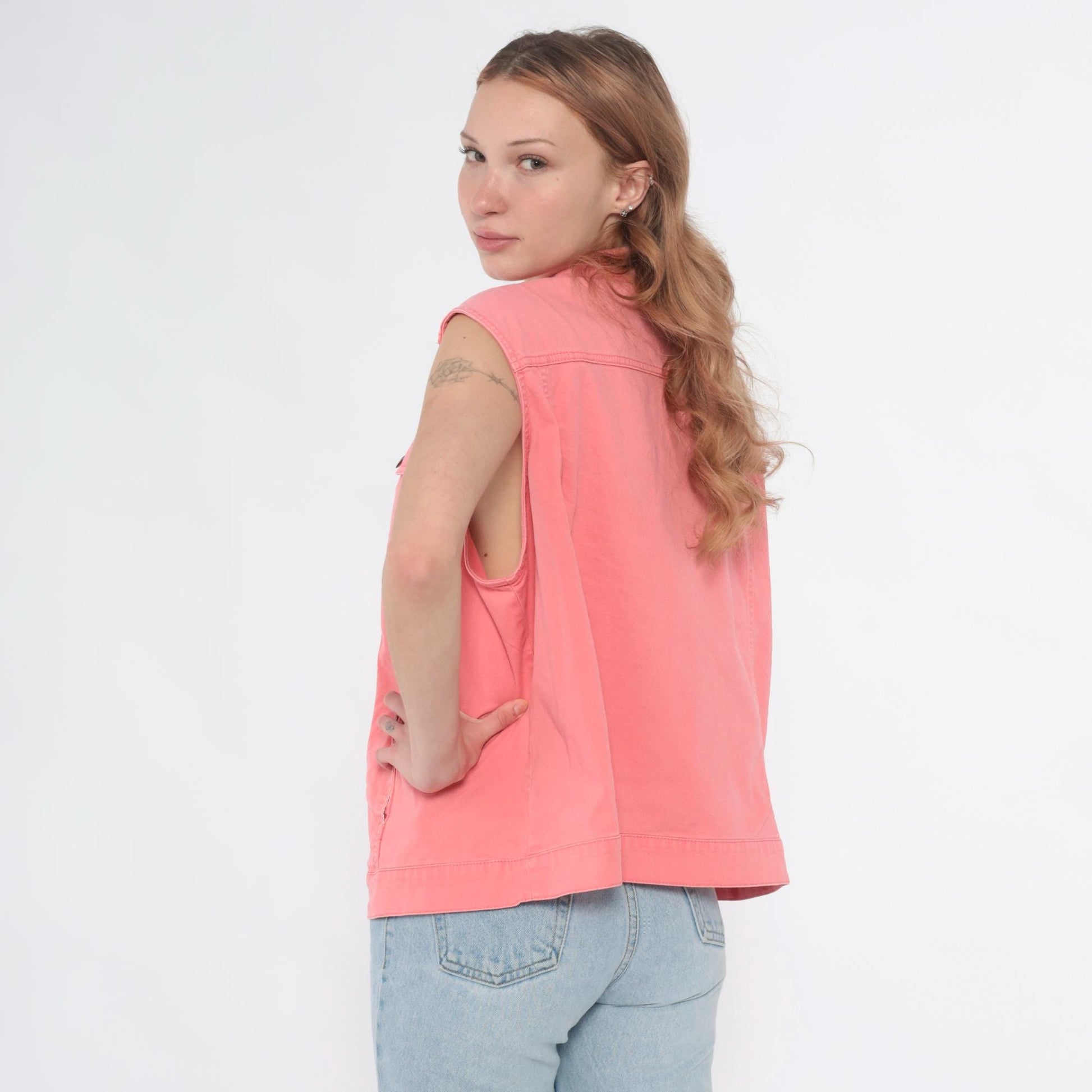 90s Bend Over Pink Denim Vest Button Front Pointed Collar Extra Large XL