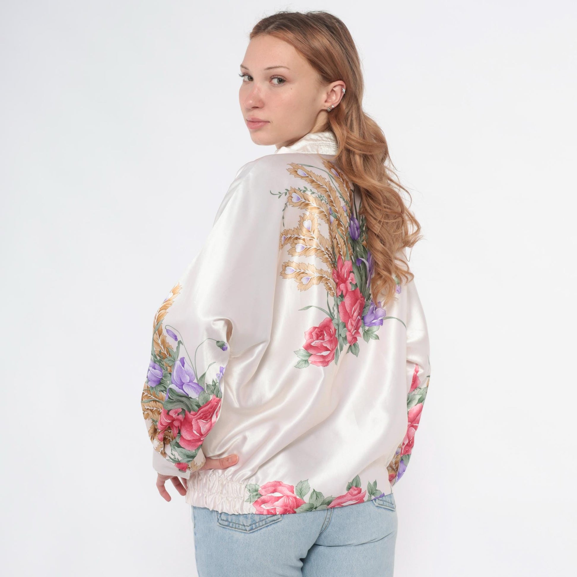 90s Floral Windbreaker Jacket White Zip Botanical Print Medium M