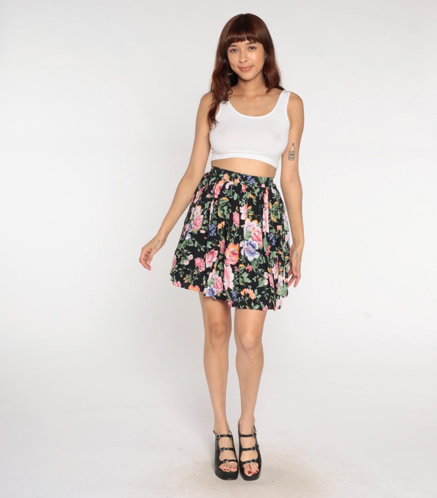90s Rampage Floral Mini Skirt Black Pink Purple Orange Green Small S