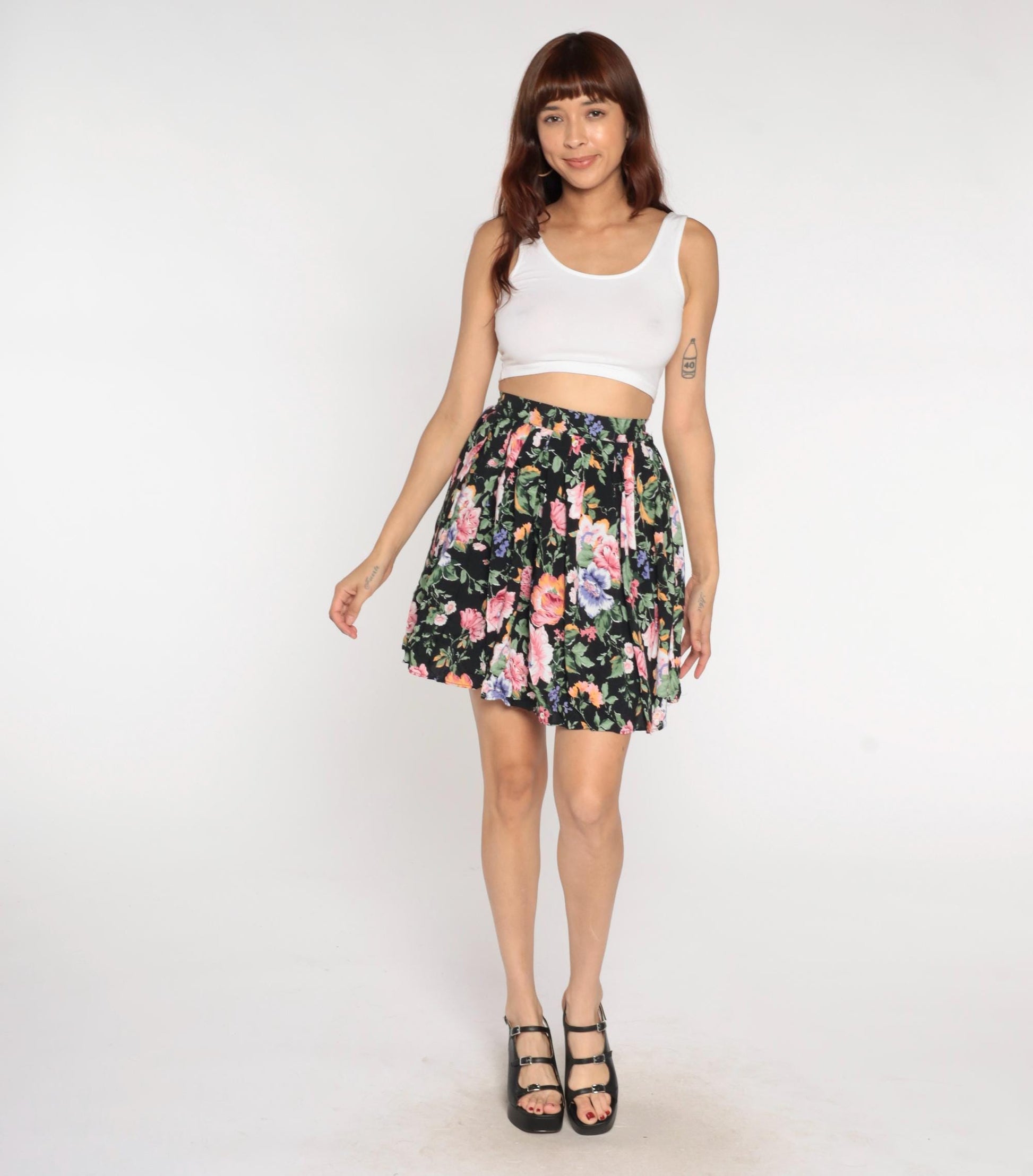 90s Rampage Floral Mini Skirt Black Pink Purple Orange Green Small S