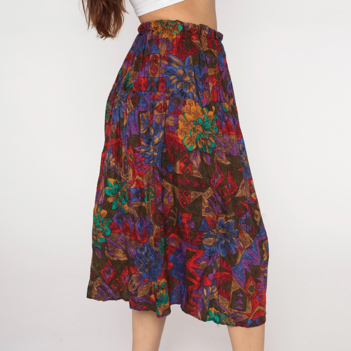 90s Abstract Floral Midi Skirt Multicolor Geometric Print Elastic Waist Plus Size XXXL