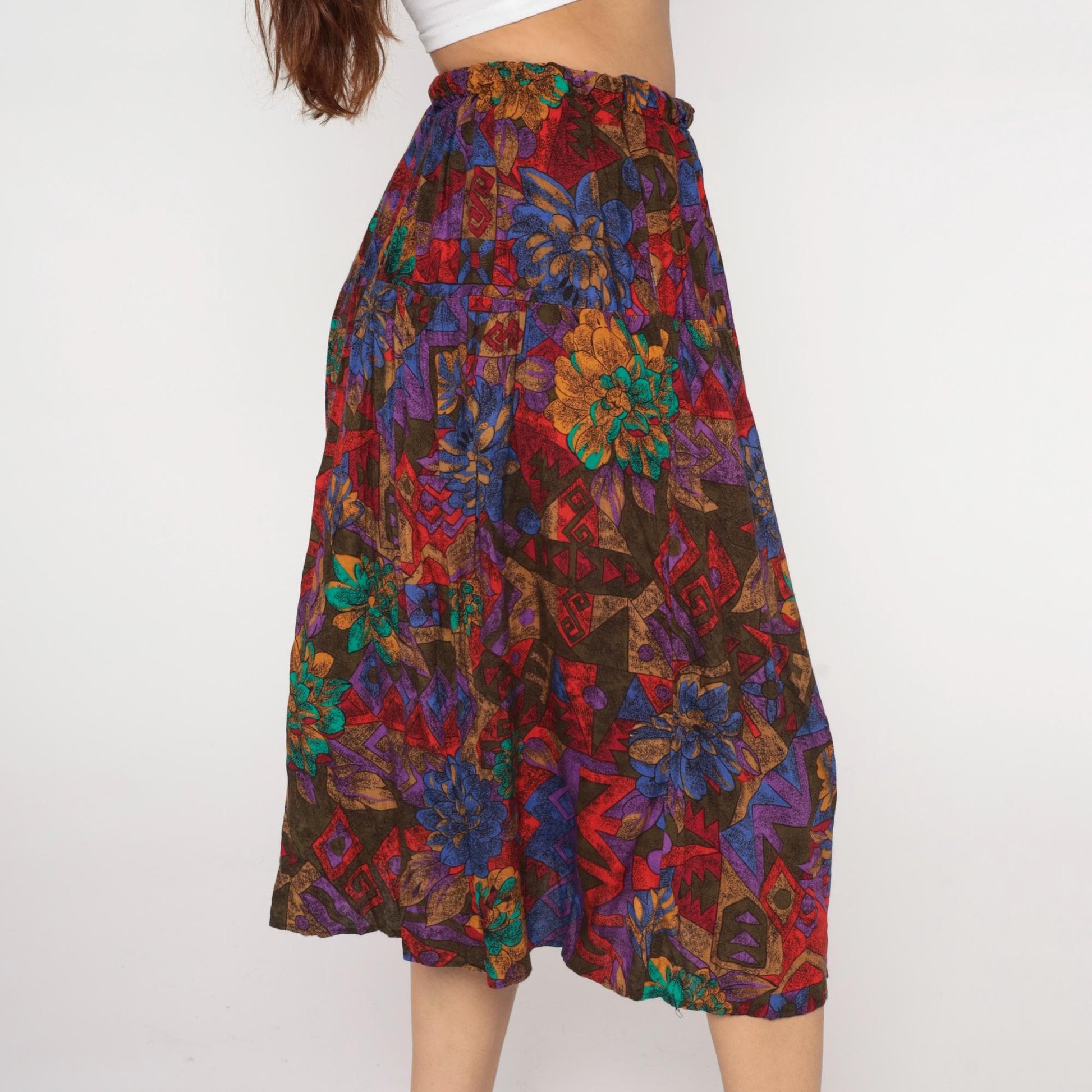 90s Abstract Floral Midi Skirt Multicolor Geometric Print Elastic Waist Plus Size XXXL