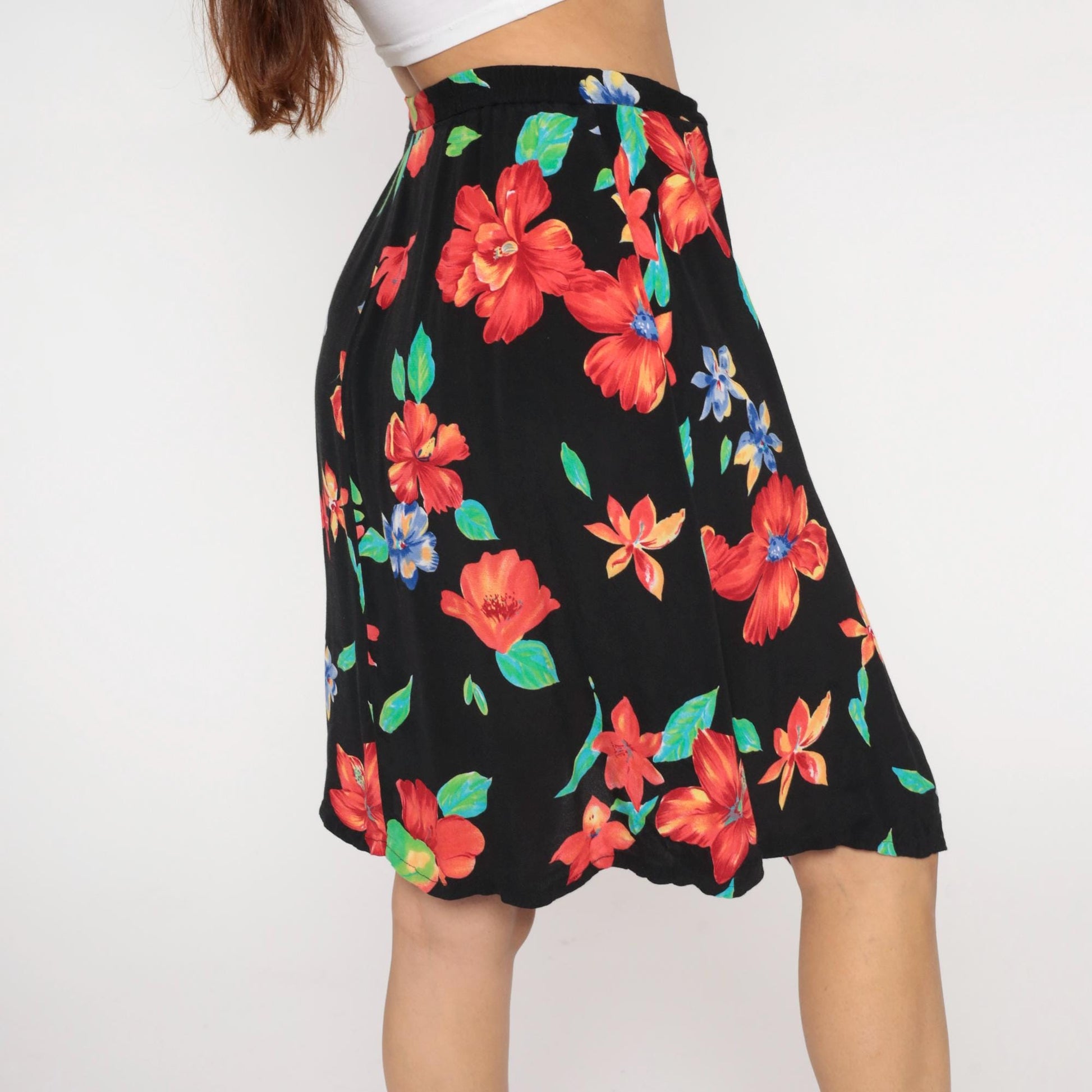 90s Worthington Floral Mini Skirt Black Button Front Tropical Print Large