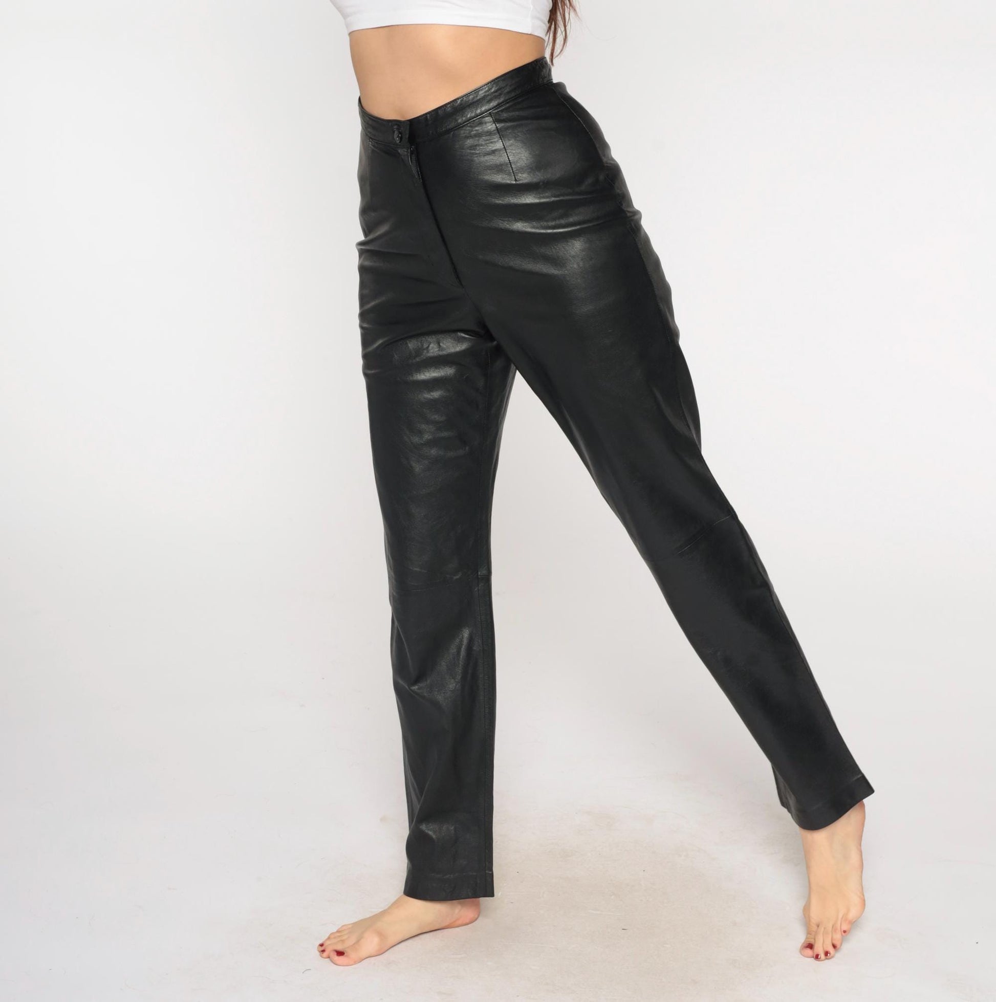 90s Black Leather Pants High Waist Straight Leg Small S