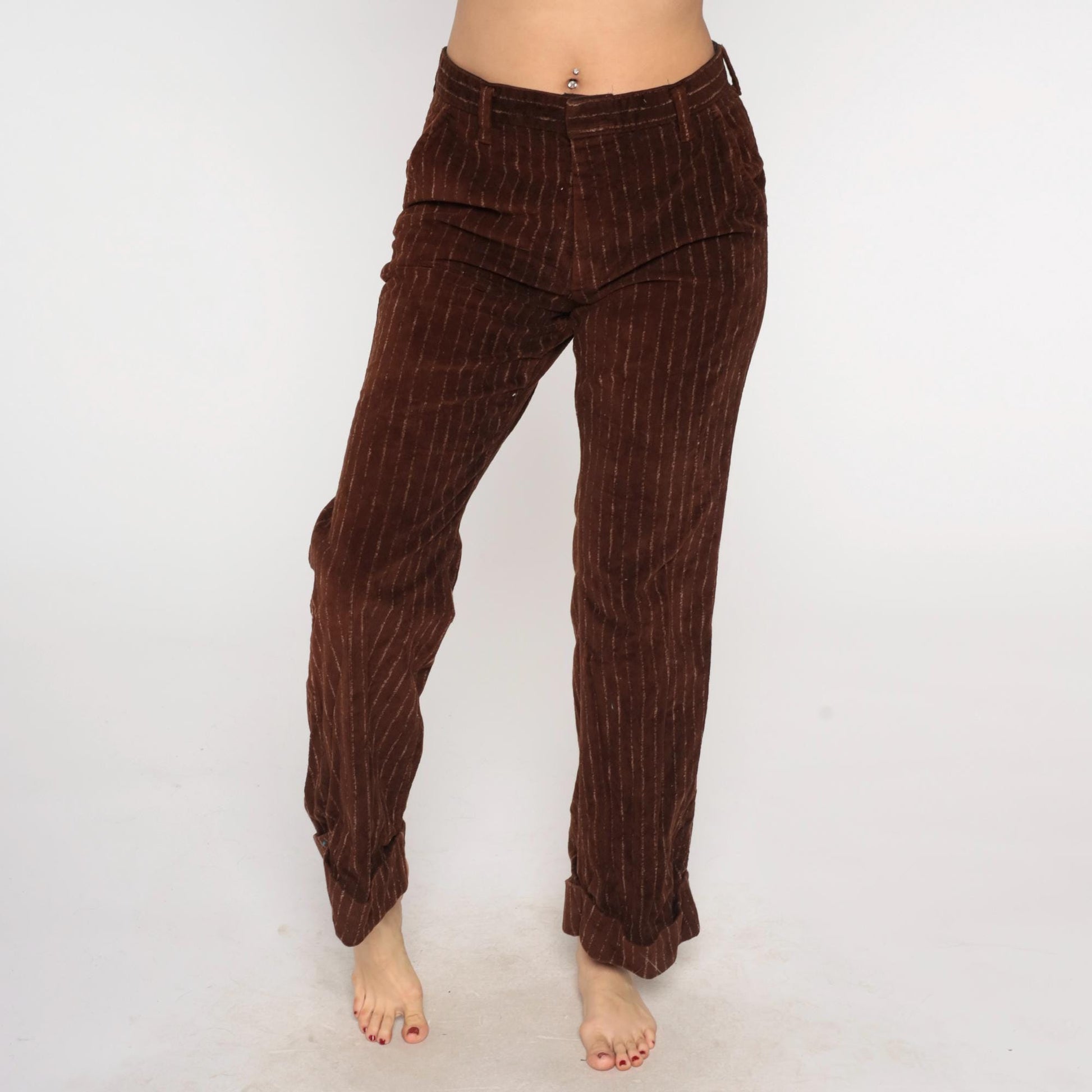 70s Farah Corduroy Pants Brown Pinstripe High Rise Straight Leg Waist 32