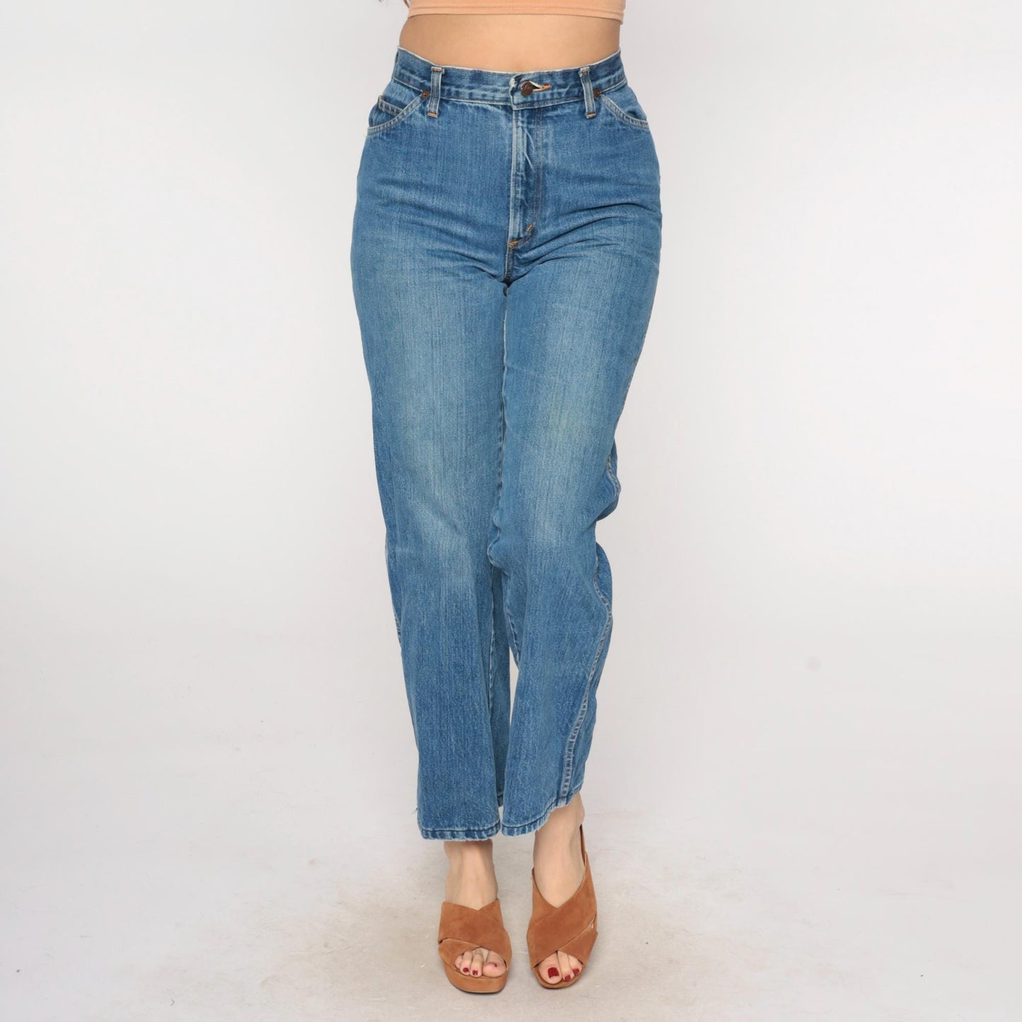 80s H.I.S High Waisted Straight Leg Jeans Medium Blue Orange Stitching Medium