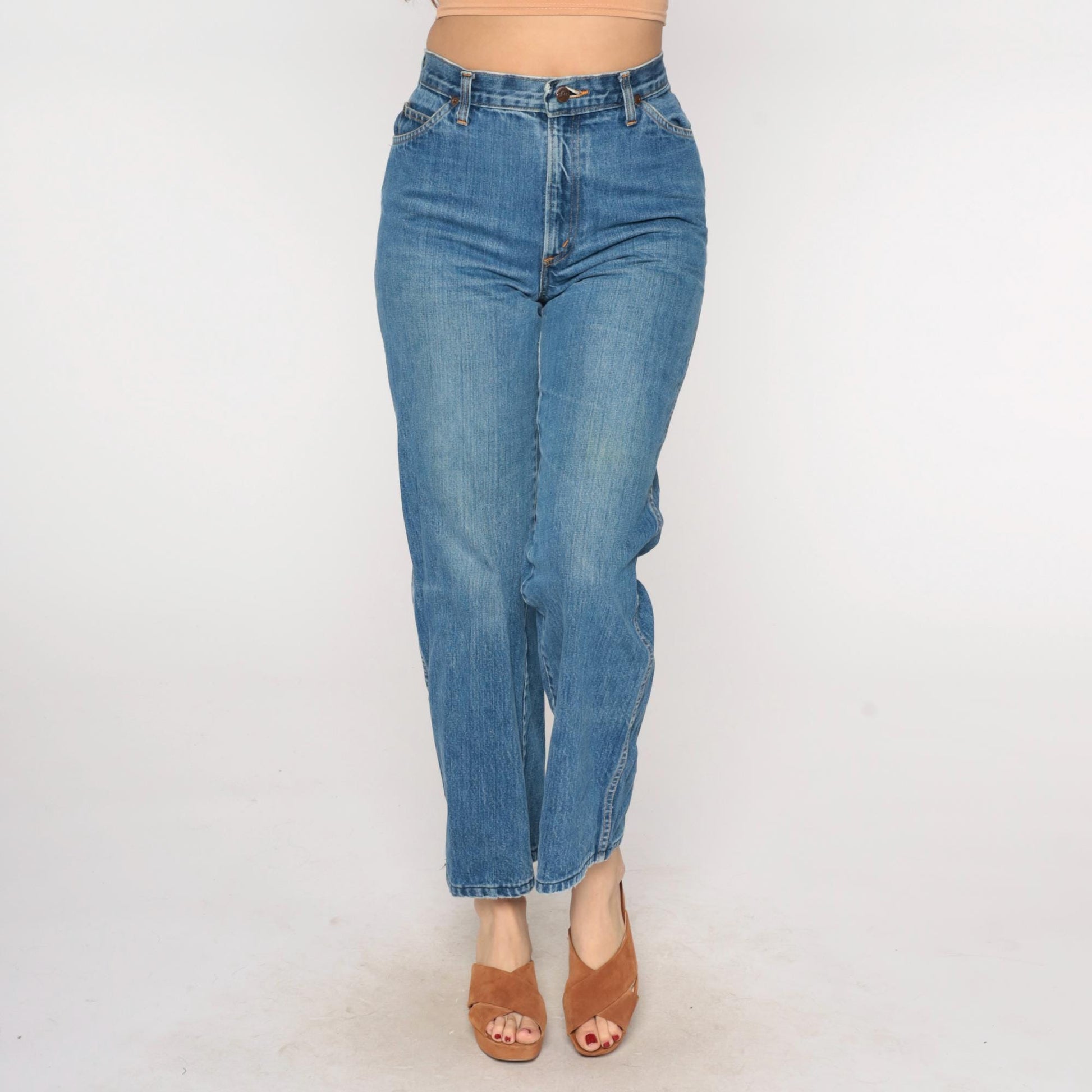 80s H.I.S High Waisted Straight Leg Jeans Medium Blue Orange Stitching Medium