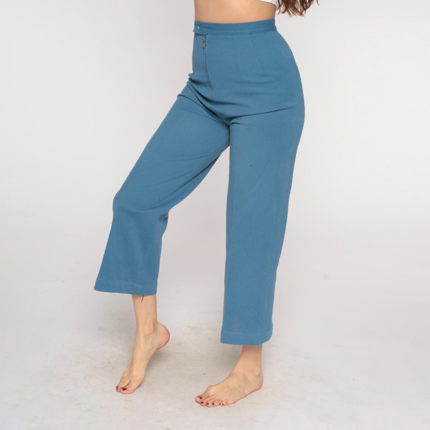 70s Dusty Blue High-Waisted Straight Leg Cropped Trousers Extra Small XS