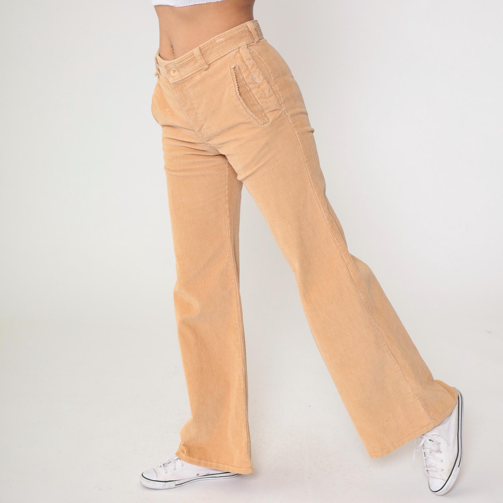 80s A Smile Inc Corduroy Bell Bottom Pants Beige High Waist Small