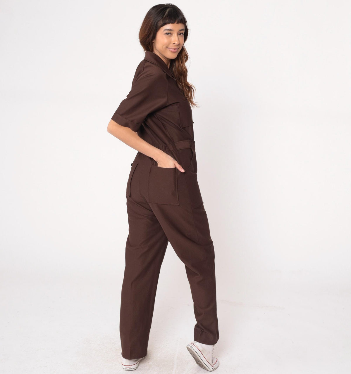 70s Brown Utility Jumpsuit Zip Front Workwear Boiler Suit Medium