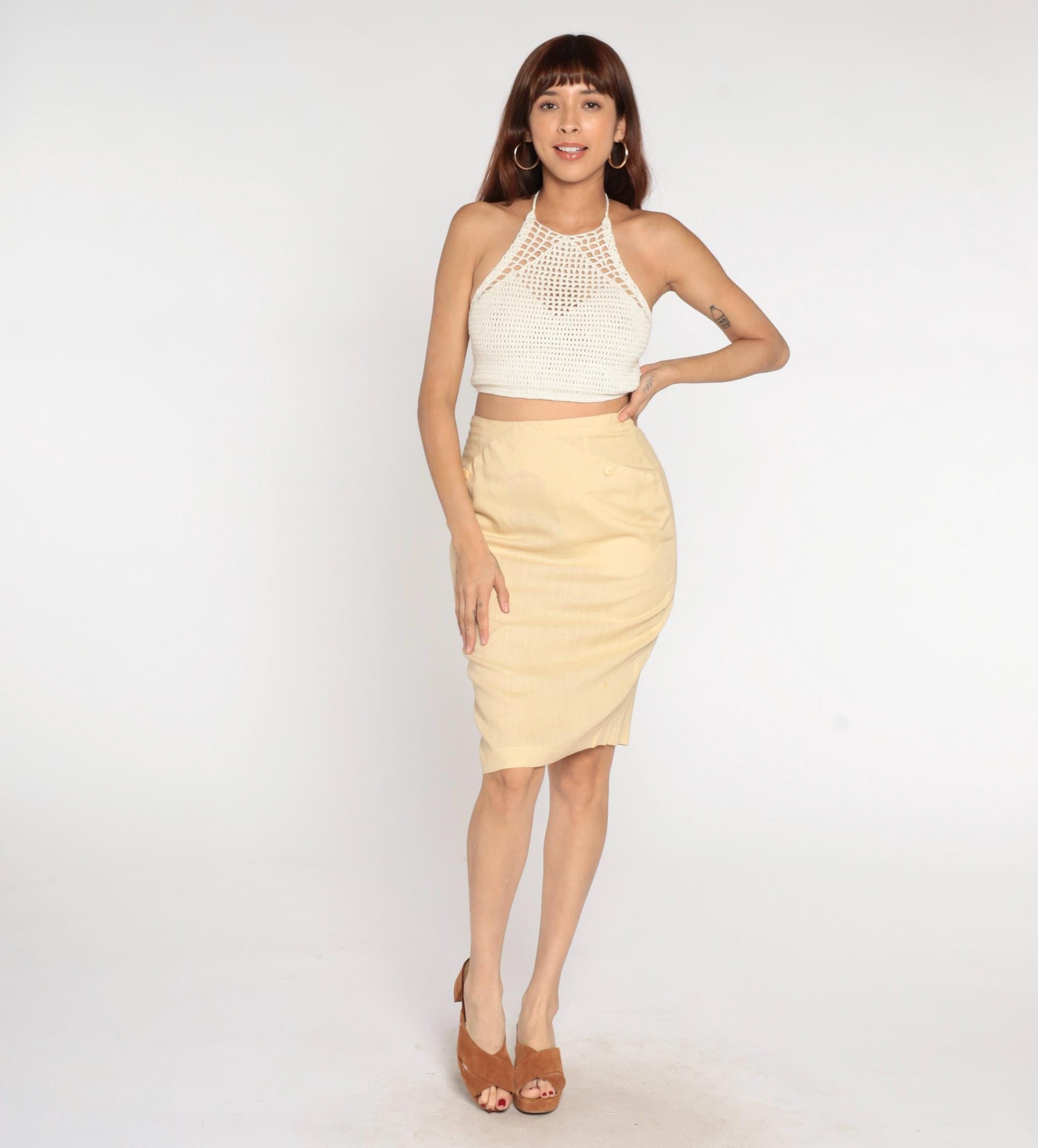 80s Pale Yellow Pencil Skirt High Waist Linen Blend Medium