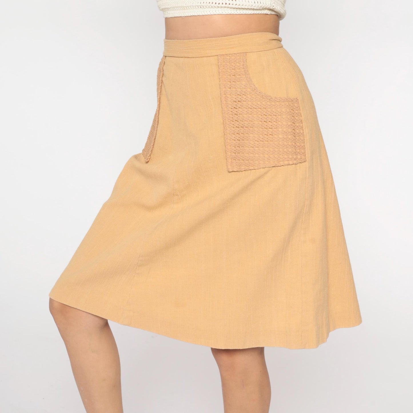70s Beige A-Line Mini Skirt Crochet Pocket Cotton Linen Medium M