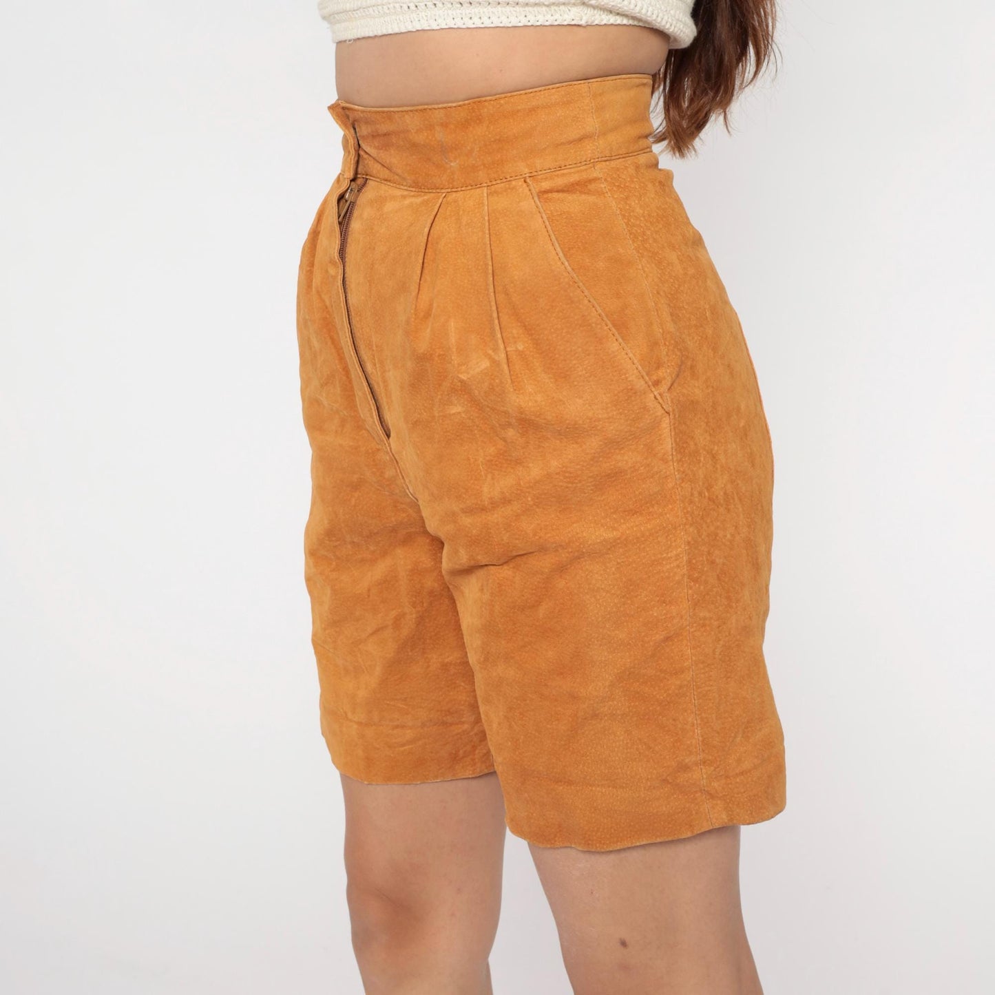 90s Chia Leather Shorts High Waisted Tan Bermuda Pleated Medium