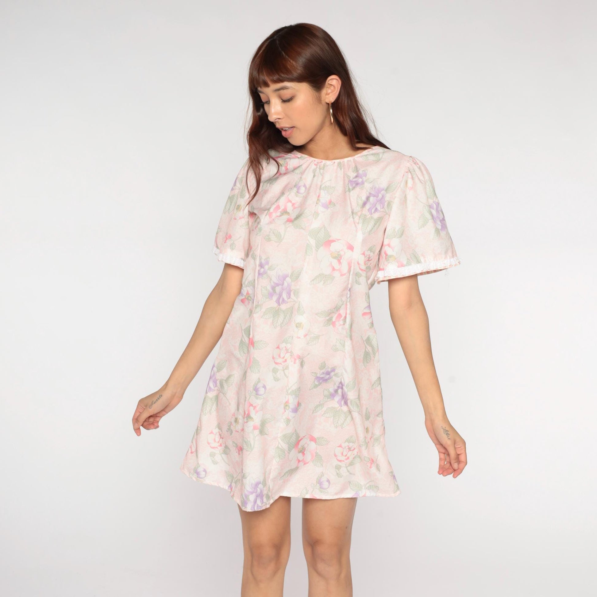 80s Pastel Floral Mini Dress Puff Sleeve Pink Purple Green A-Line Medium M