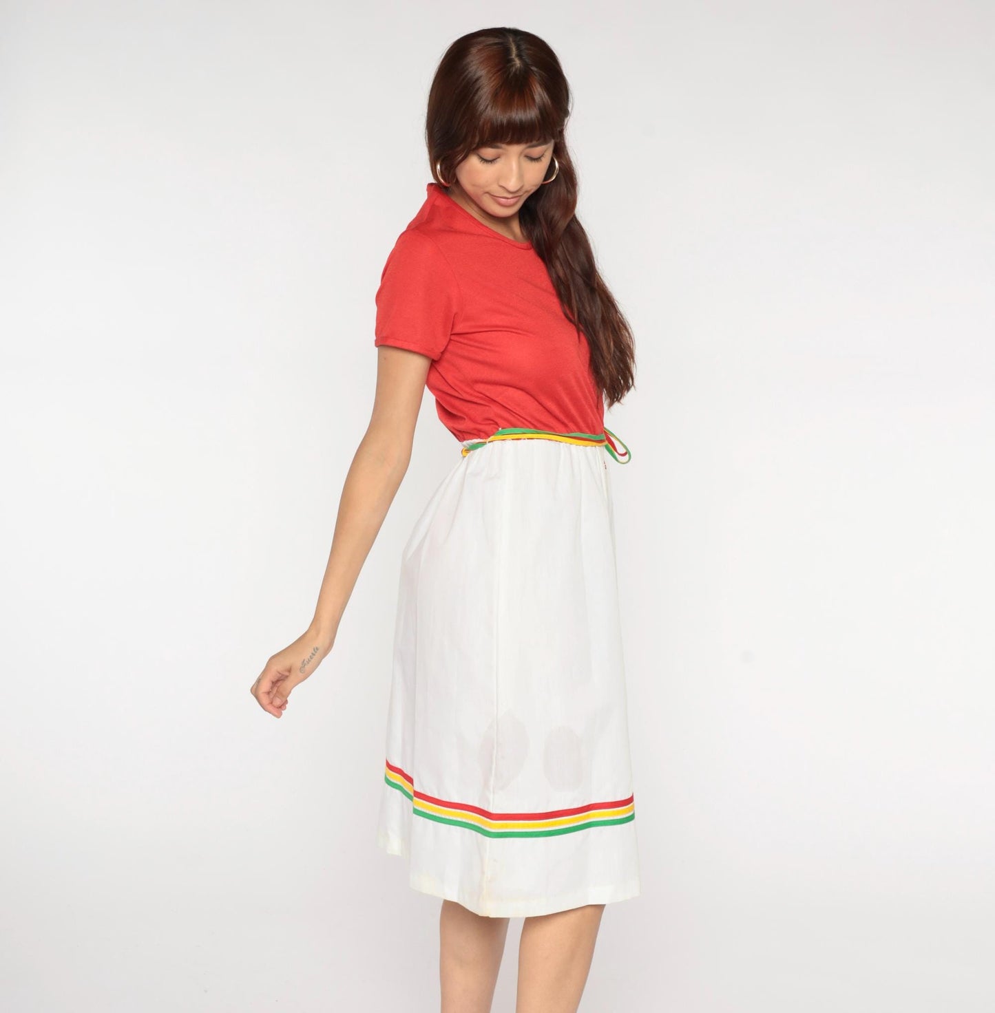 80s Star Shine Colorblock Dress Coral White Rainbow Stripe Belt Large