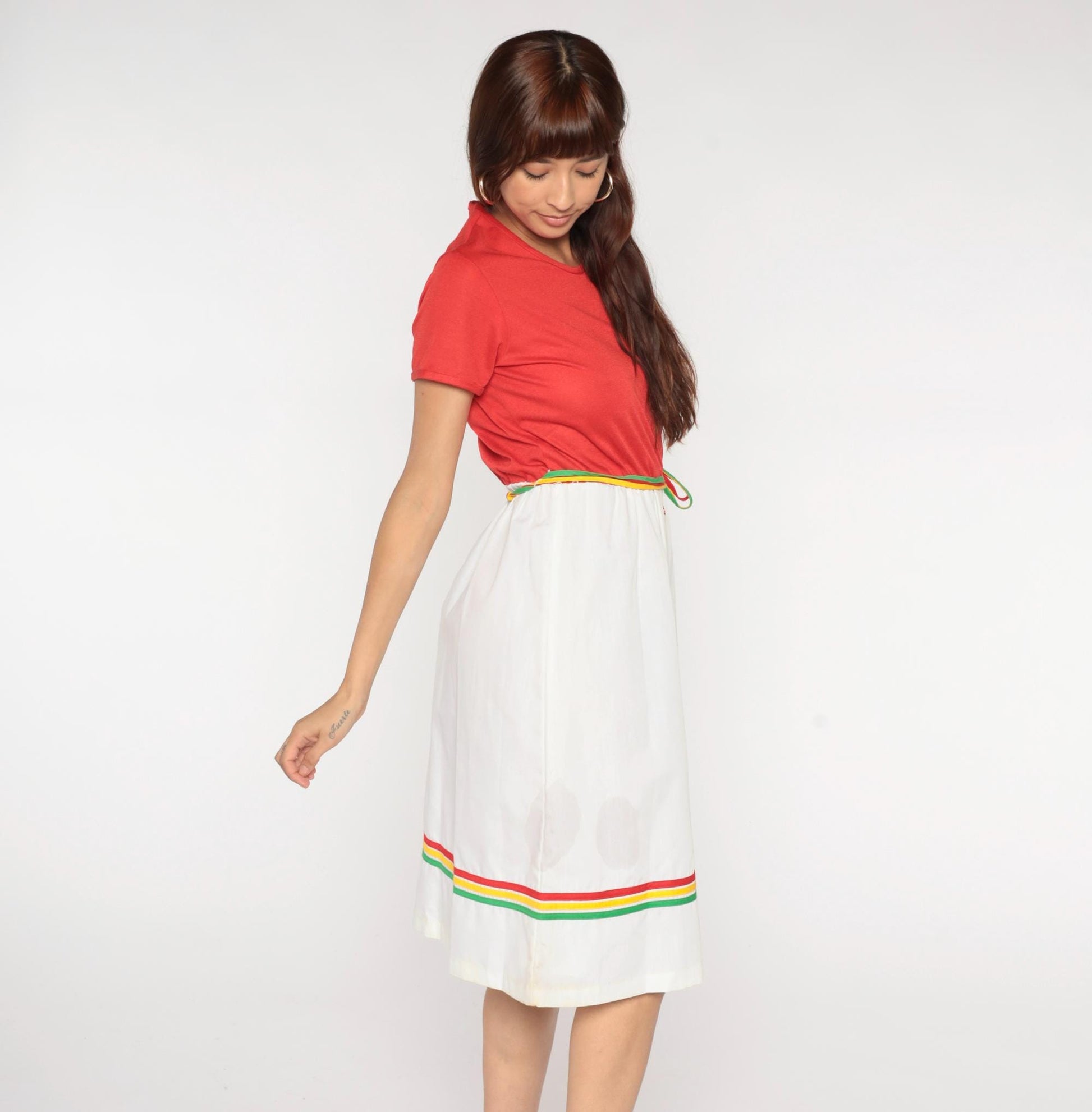 80s Star Shine Colorblock Dress Coral White Rainbow Stripe Belt Large