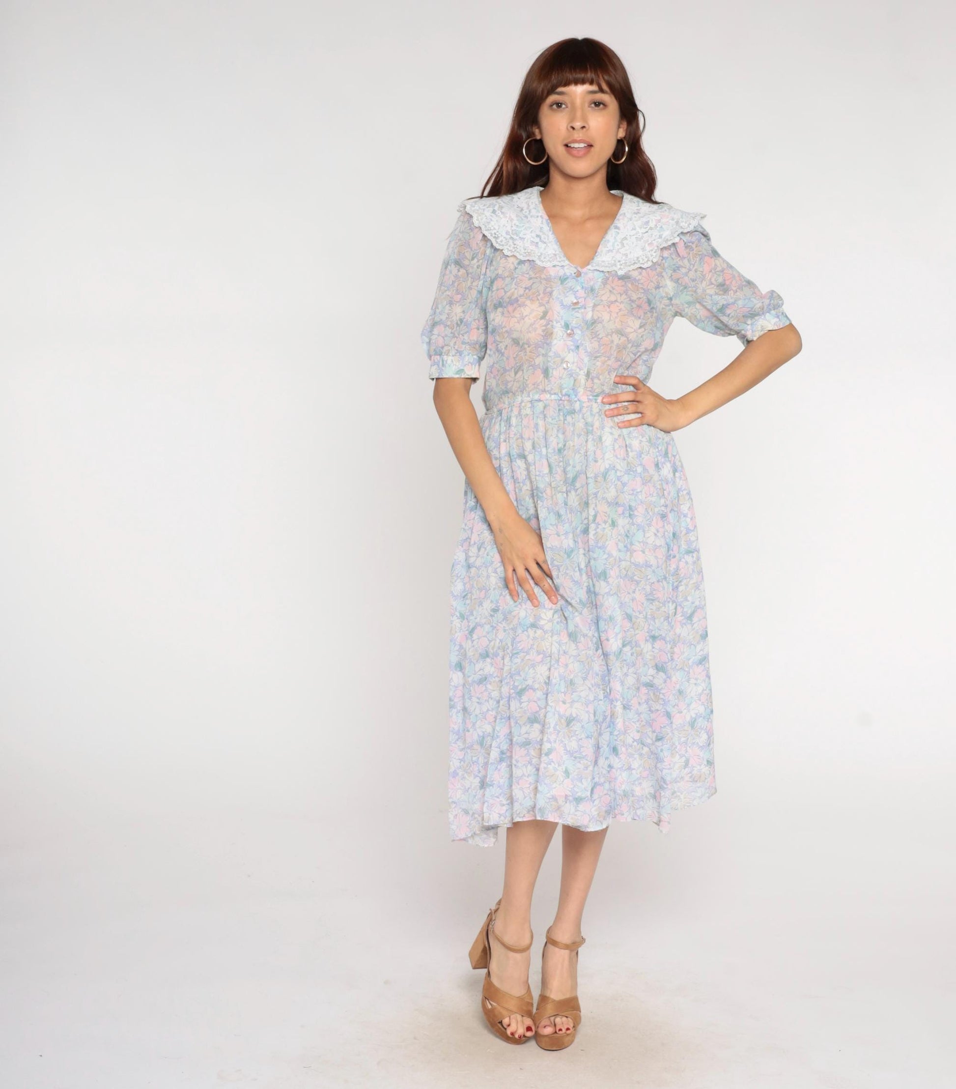 80s Act 1 Floral Midi Dress White Lace Collar Puff Sleeve Small
