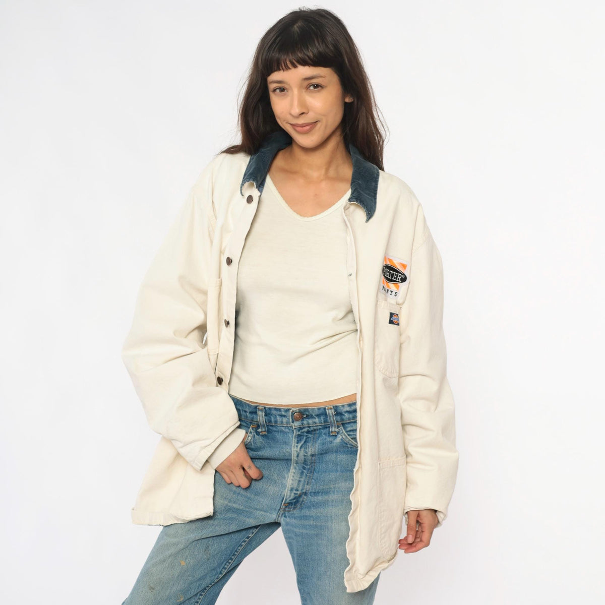 90s Dickies Porter Paints Work Jacket Cream Corduroy Collar Flannel Lined Extra Large